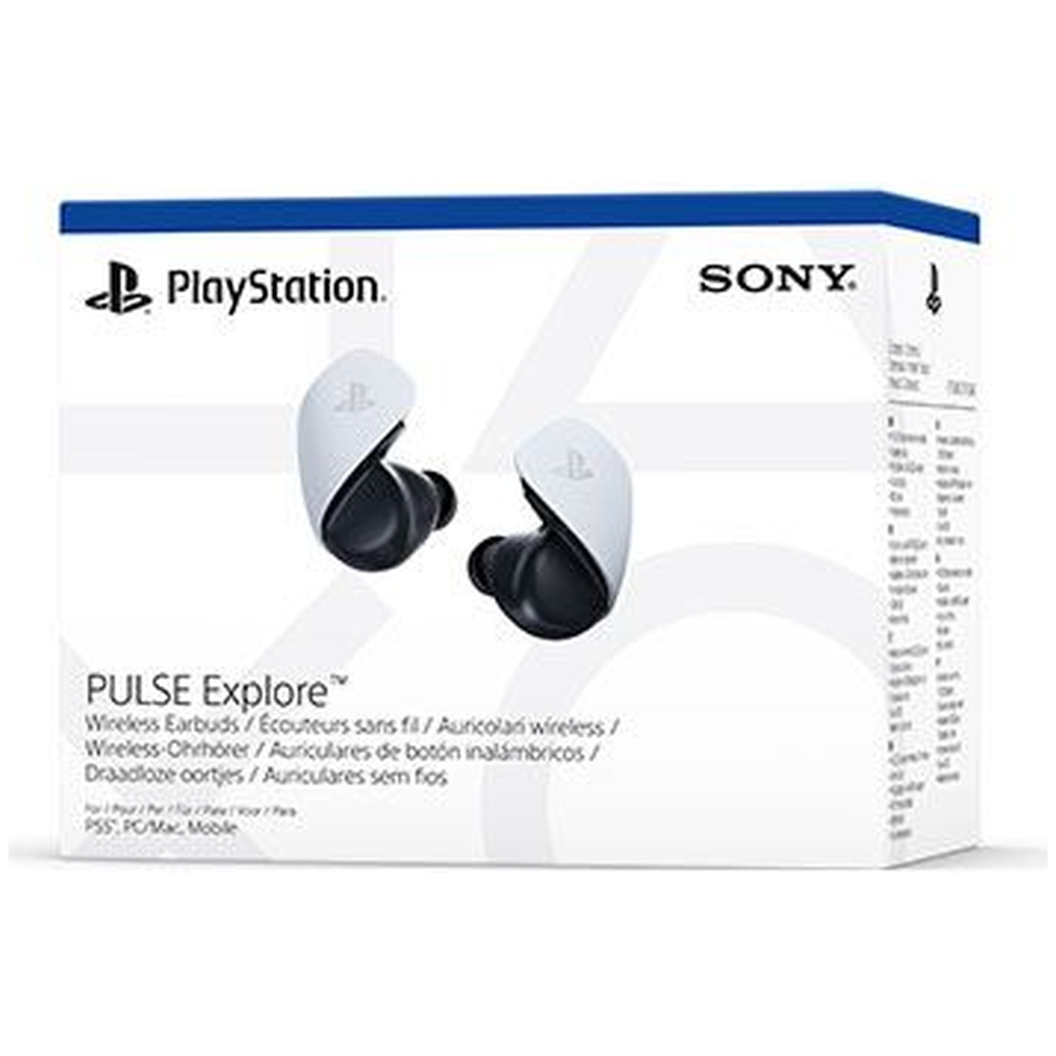 Een witte doos met PlayStation-logo en 'SONY'. Bevat witte en zwarte draadloze oordopjes met de tekst 'PULSE Explore'.