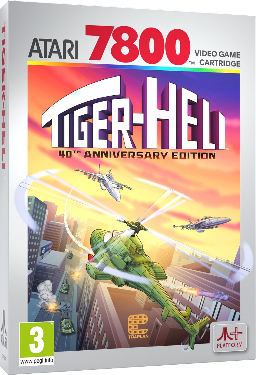 La jaquette de Tiger-Heli Atari 7800. Un hélicoptère vert survole une ville. D'autres avions et chars en arrière-plan.