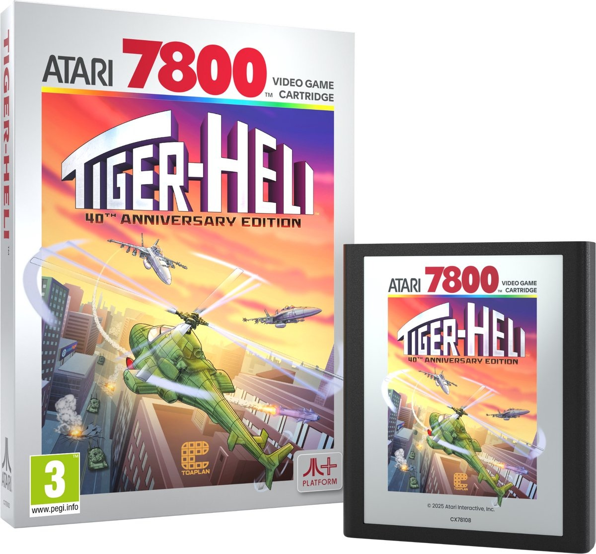 Boîte et cartouche du jeu Atari 7800 Tiger Heli. La boîte présente des hélicoptères et des bâtiments, avec le titre du jeu en grandes lettres.