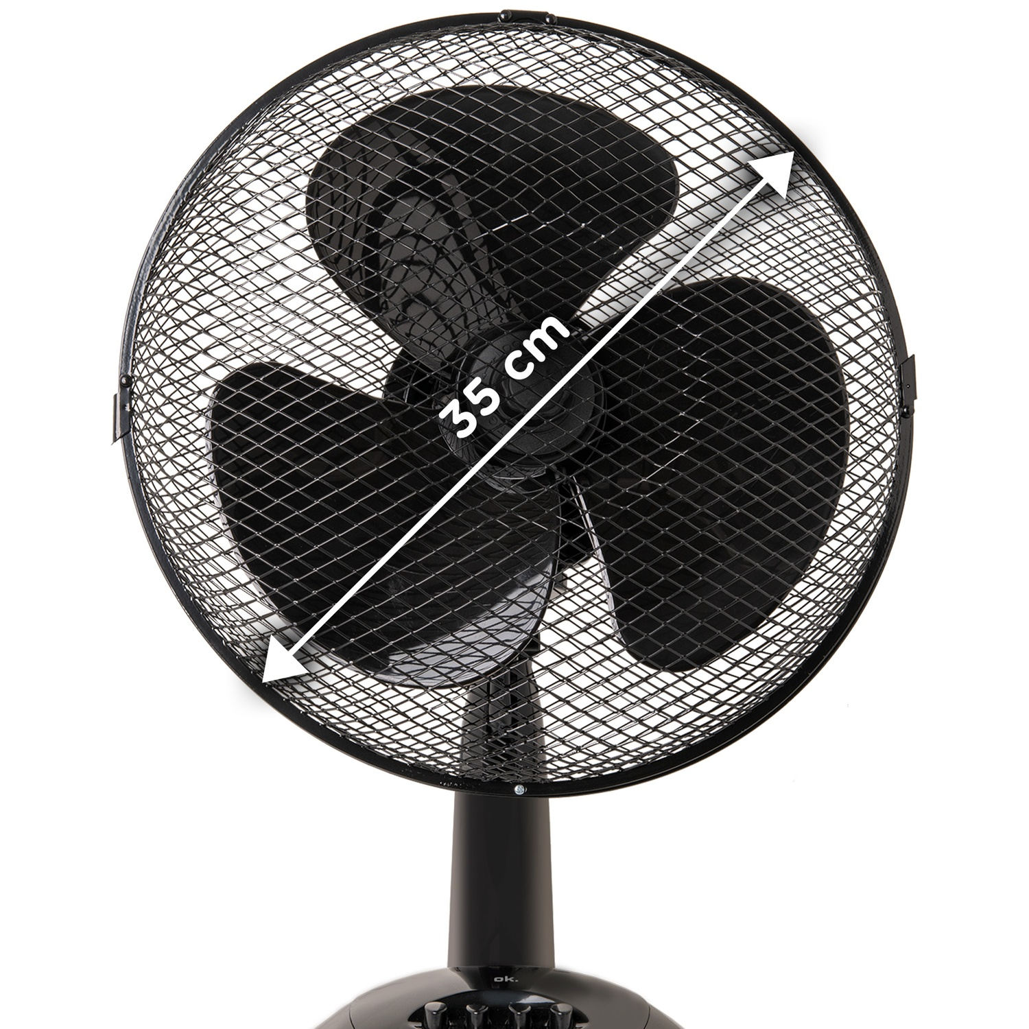 Un ventilateur électrique noir avec une grille de protection. Les pales sont visibles. Une flèche blanche indique un diamètre de 35 cm.