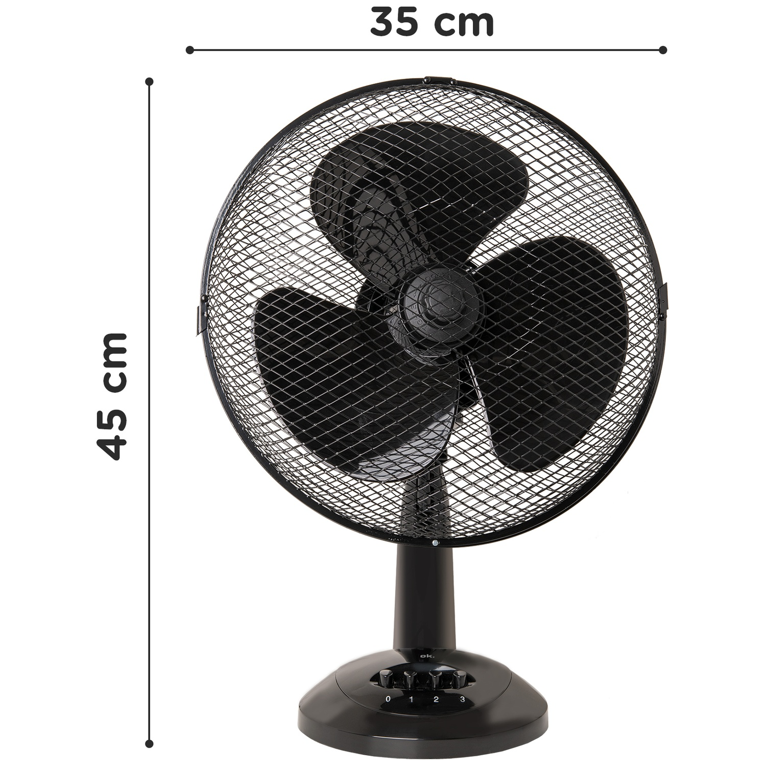 Un ventilateur électrique noir avec une grille de protection et trois pales. Il a une base avec des réglages de vitesse et des étiquettes de dimensions.