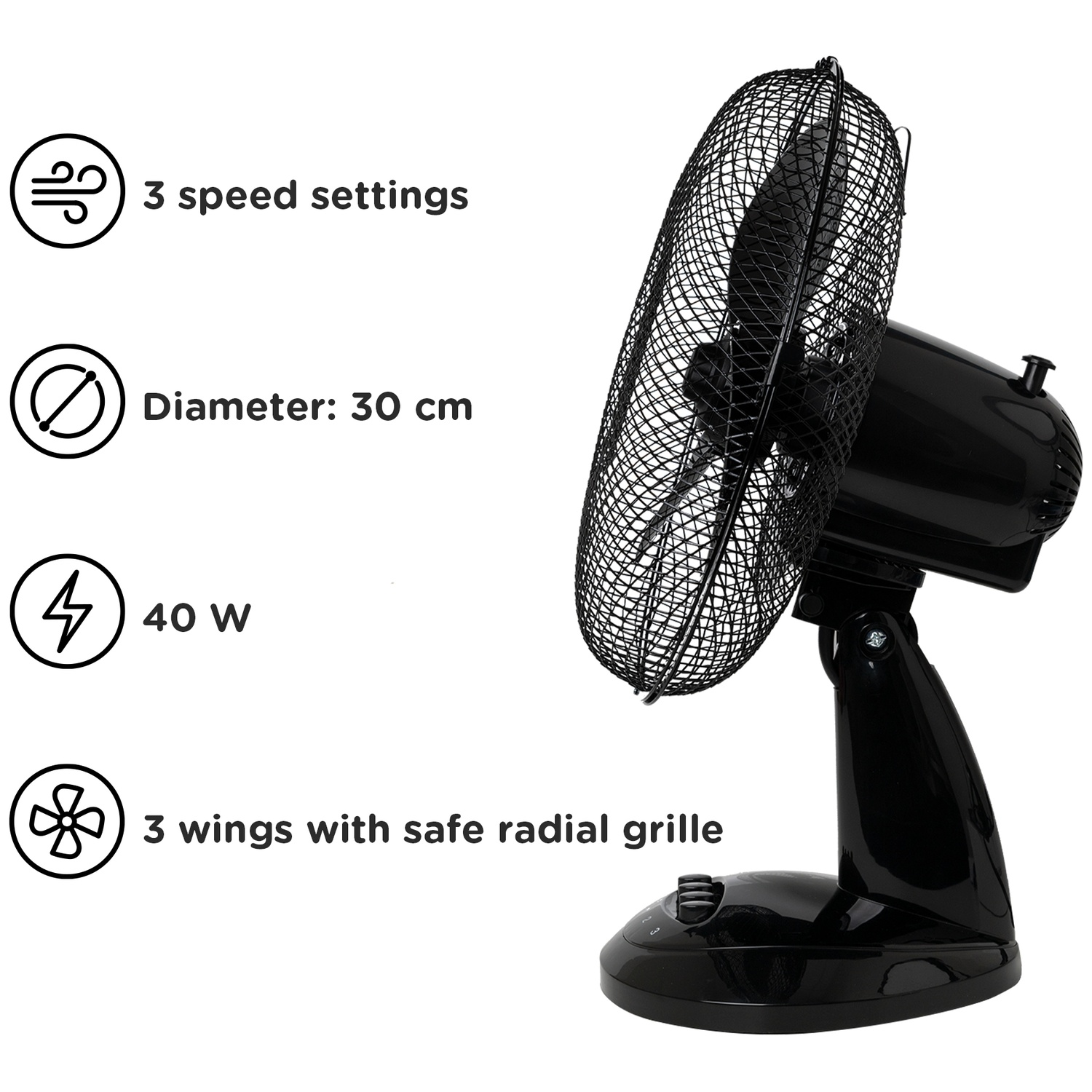 Ventilateur électrique noir avec 3 vitesses, 30 cm de diamètre, 40W et 3 pales avec grille radiale de sécurité.