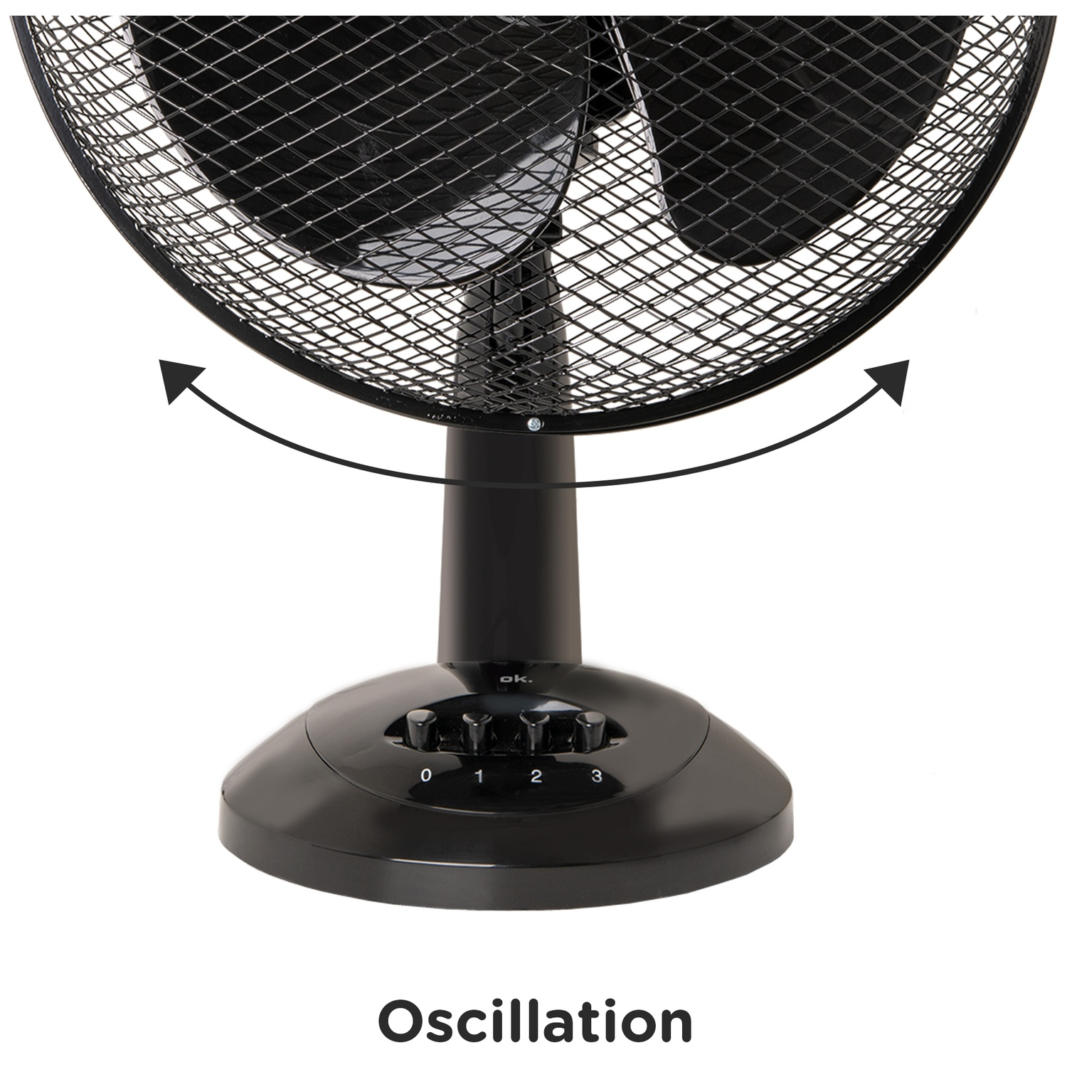 Ventilateur oscillant noir. Grille de protection. Base avec réglages de vitesse 0-3. Flèches indiquent la direction d'oscillation.
