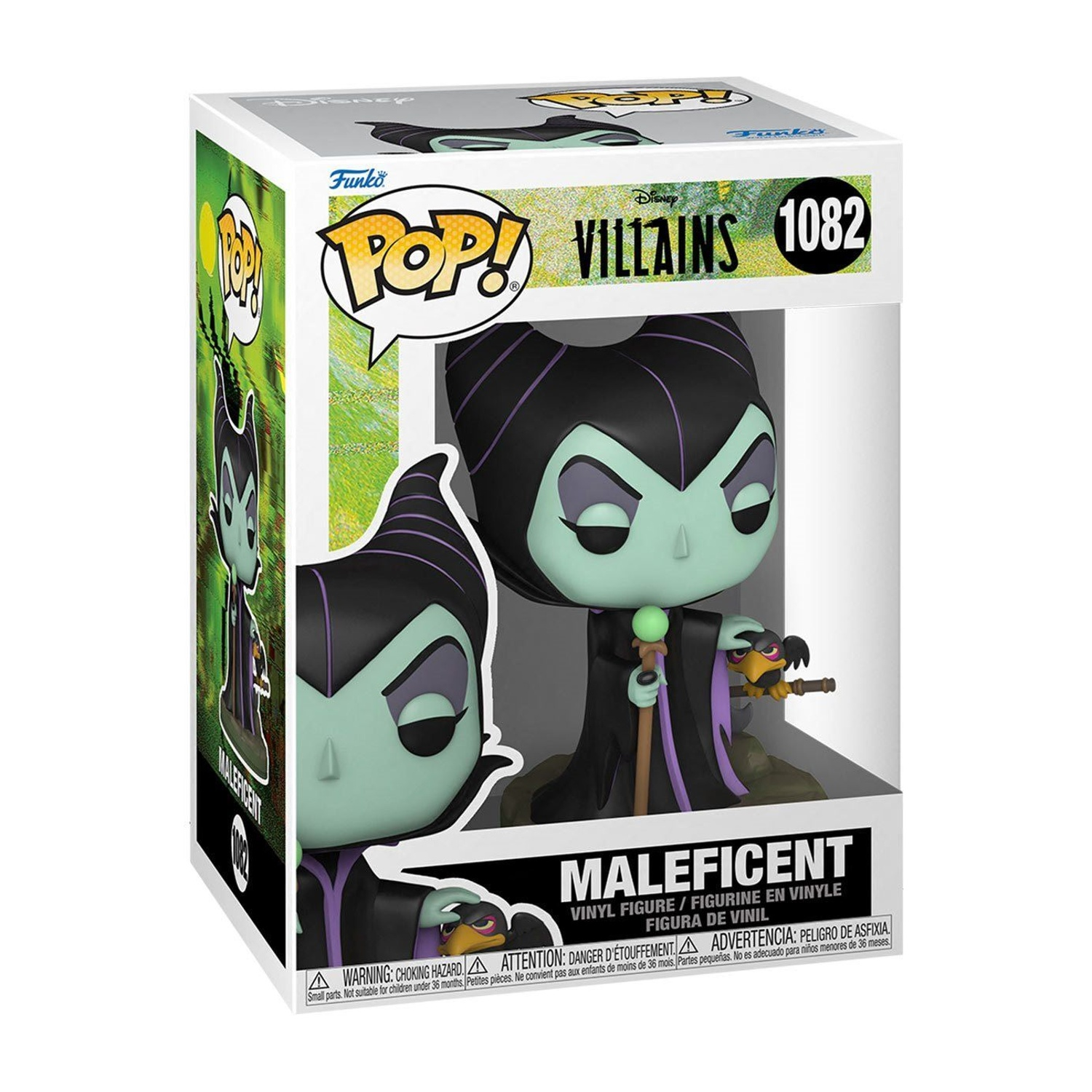 Personaggio Funko Pop di Malefica in scatola. Personaggio nero e viola con bastone e corvo. La scatola presenta il logo Pop e il titolo Villains.