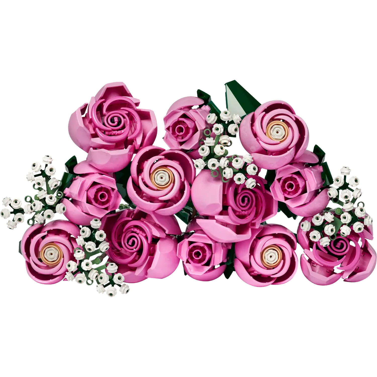 Een boeket roze rozen van plastic, met witte bloemaccenten en groene bladeren, tegen een witte achtergrond.