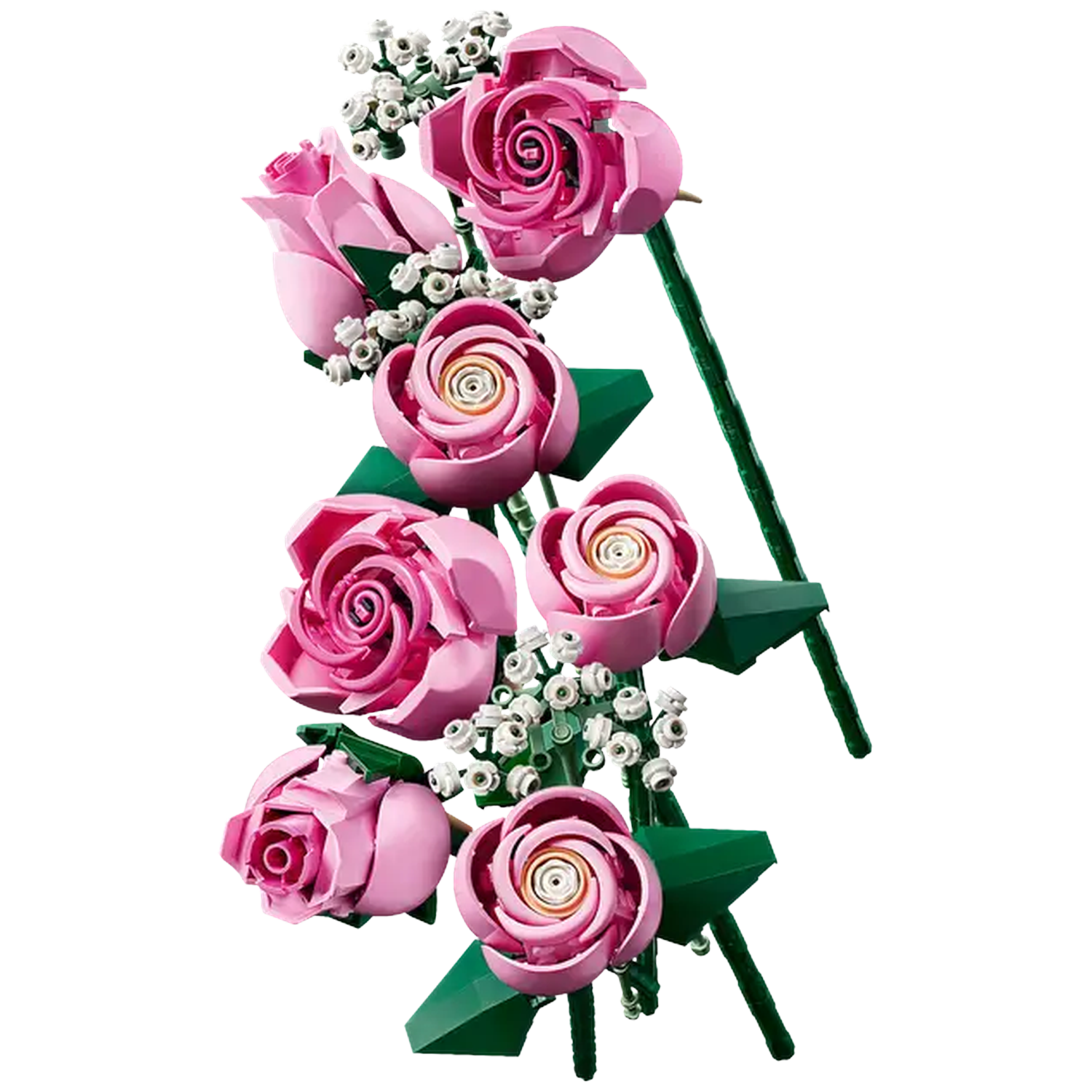 Een boeket van roze rozen, groene stelen en bladeren, en witte accentbloemen tegen een witte achtergrond.