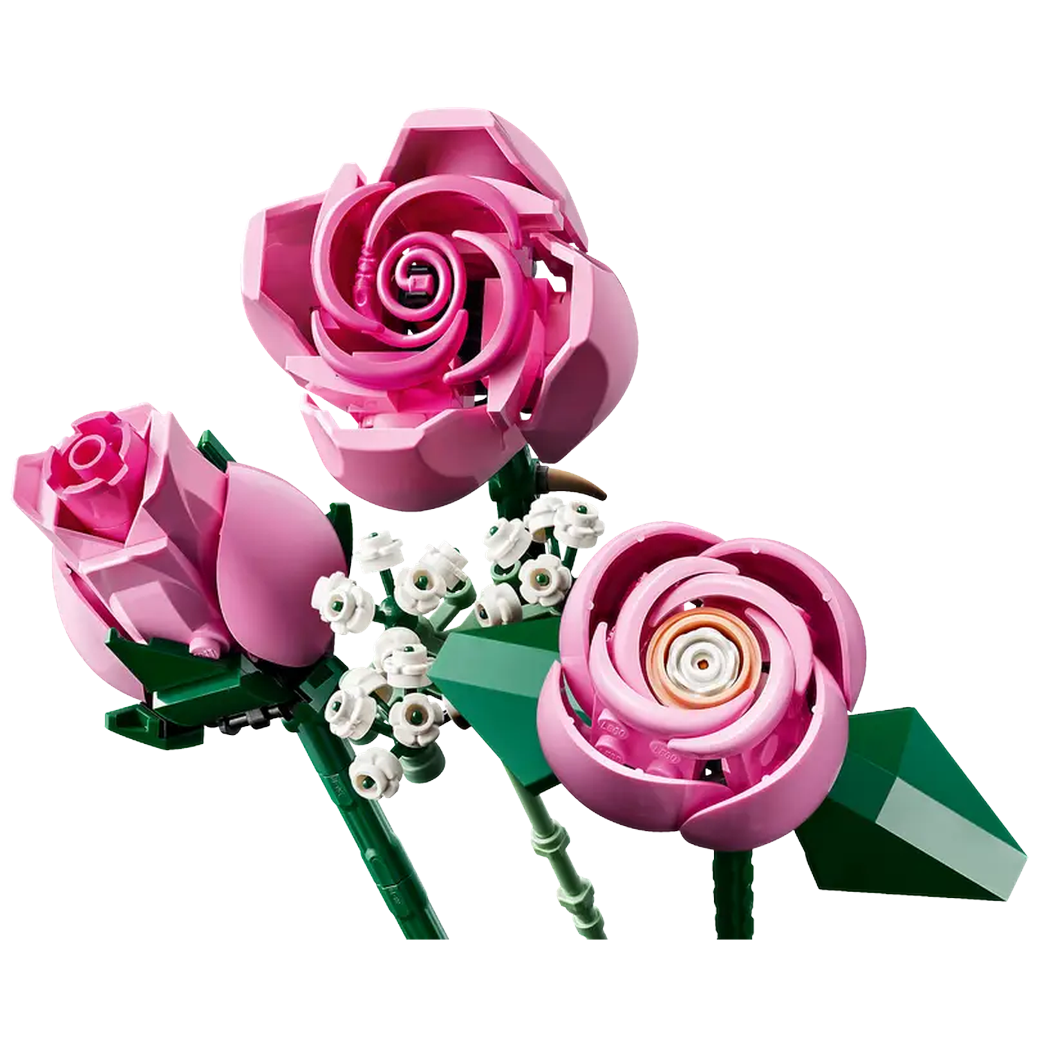 Drie roze Lego rozen met groene stelen en bladeren. Kleine witte bloemen tussen de rozen.