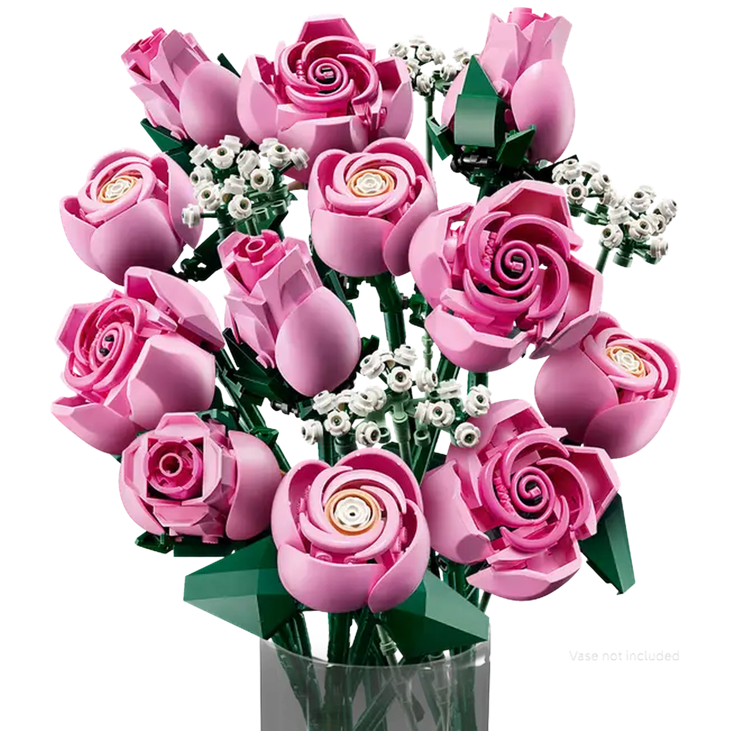 Een boeket roze Lego-rozen en witte bloemen, met groene stelen en bladeren, tegen een witte achtergrond.