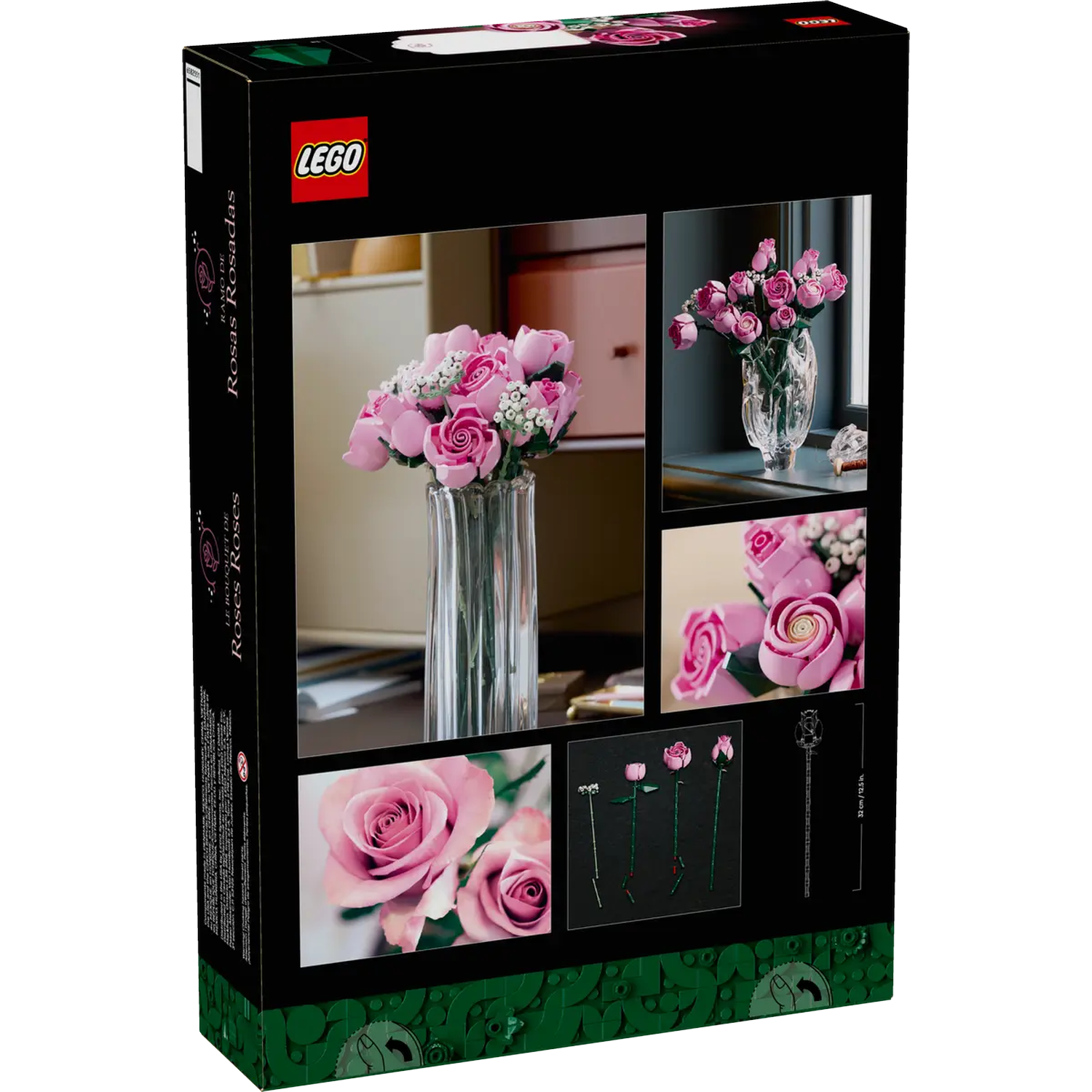 De LEGO Roses-doos toont een boeket roze rozen. Er zijn afbeeldingen van de rozen in vazen en close-ups, en een maattabel.