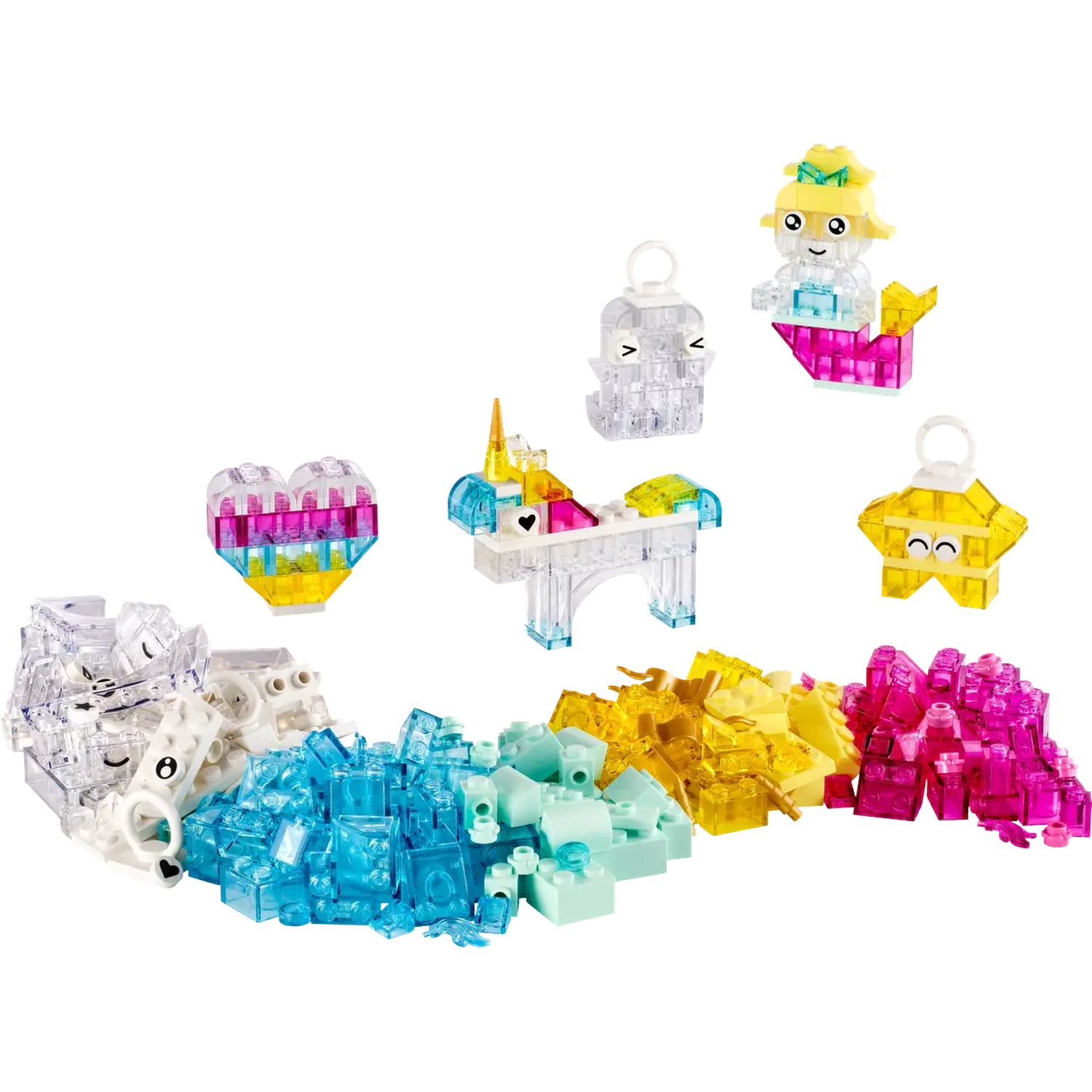 Kleurrijke Lego-blokken zijn gerangschikt en vormen vormen zoals een hart, een eenhoorn en een ster. Verschillende kleuren, helder, blauw, roze en geel.