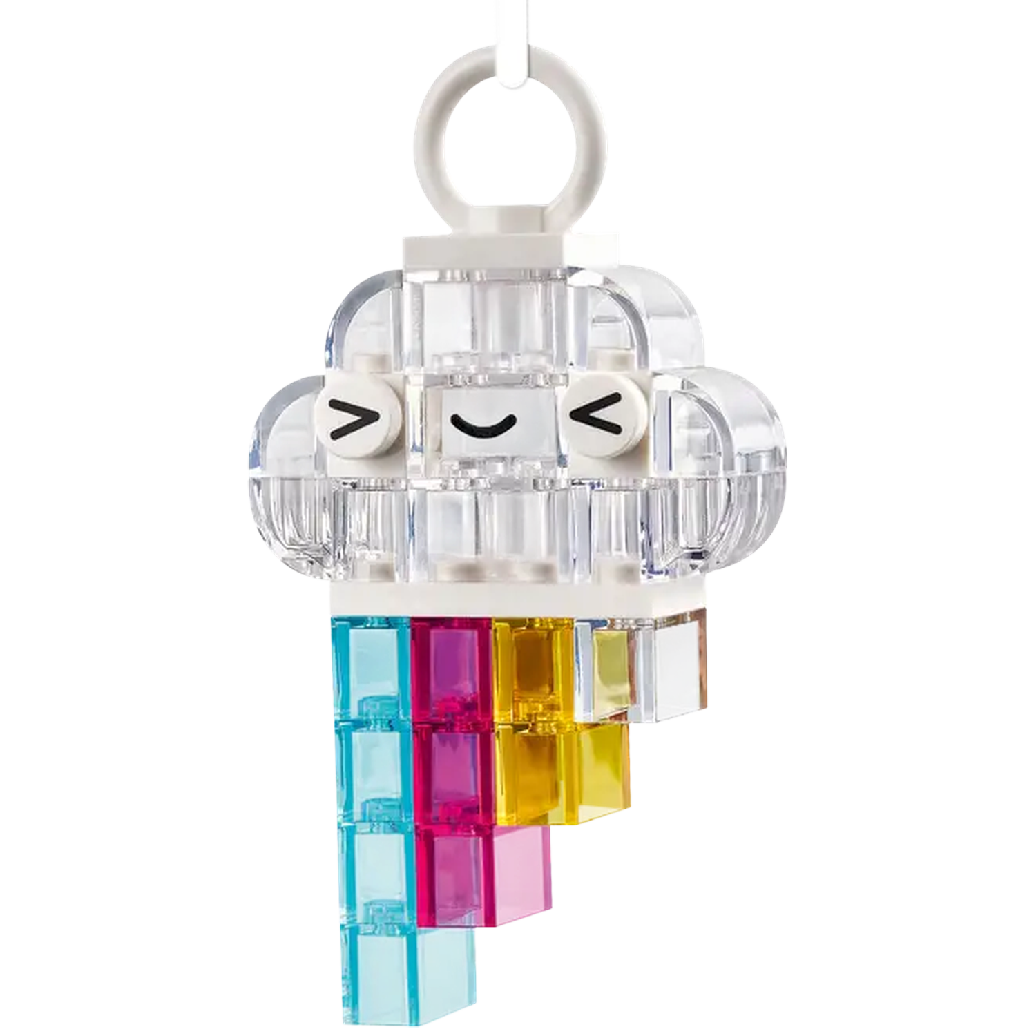 Een heldere Lego-wolk met een regenboogstaart. De wolk heeft een lachend gezicht. De regenboog is gemaakt van kleurrijke blokken.