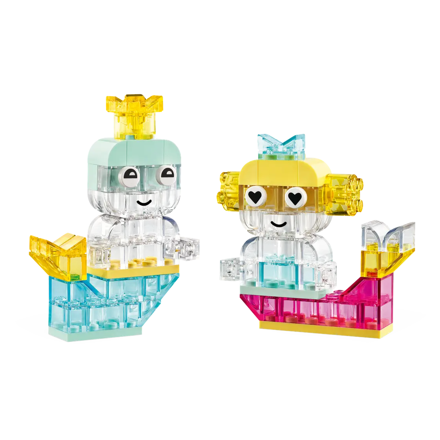 Twee Lego-figuren met kronen. Eén heeft een blauwe en gele kroon en de andere een gele kroon. Beide figuren hebben doorzichtige lichamen.
