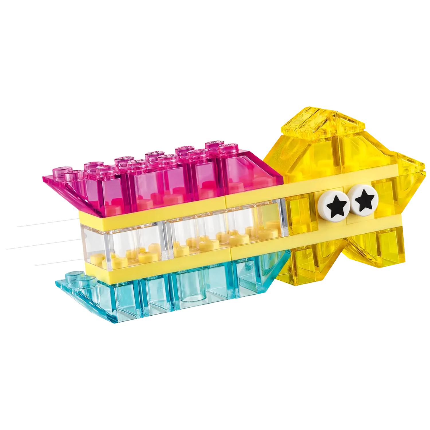 Een stervormige Lego-creatie met roze, gele en blauwe blokken. Het heeft sterogen en staat op een witte achtergrond.