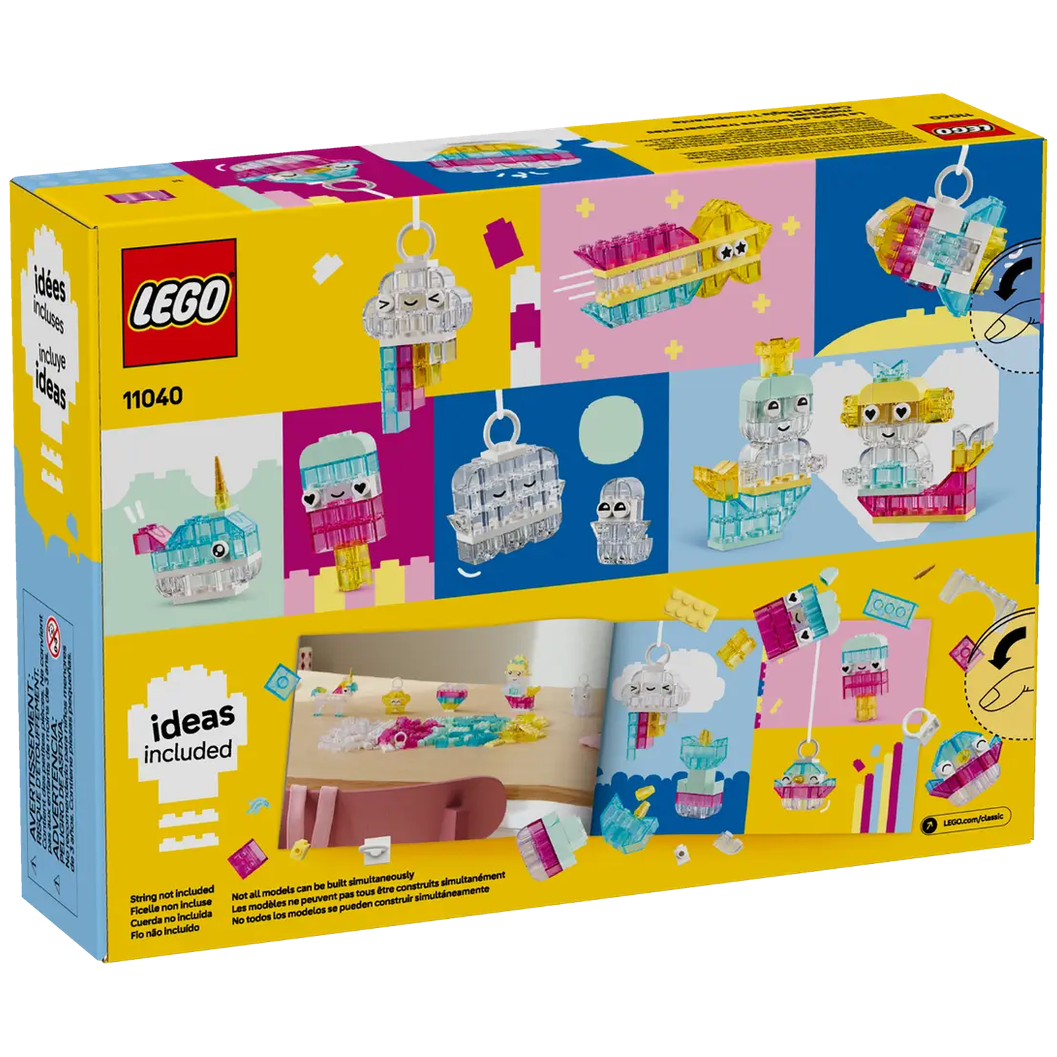 De achterkant van een Lego-doos met verschillende Lego-modellen. De doos is geel en heeft het Lego-logo.