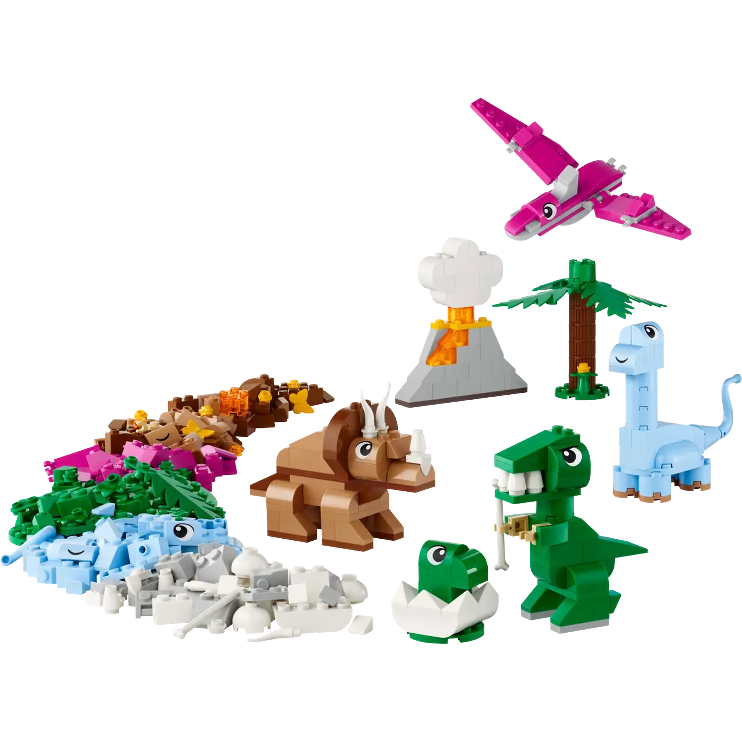 Colorful LEGO dinosaur set. Includes various dinosaurs, volcano, tree, and building blocks on a white background.
