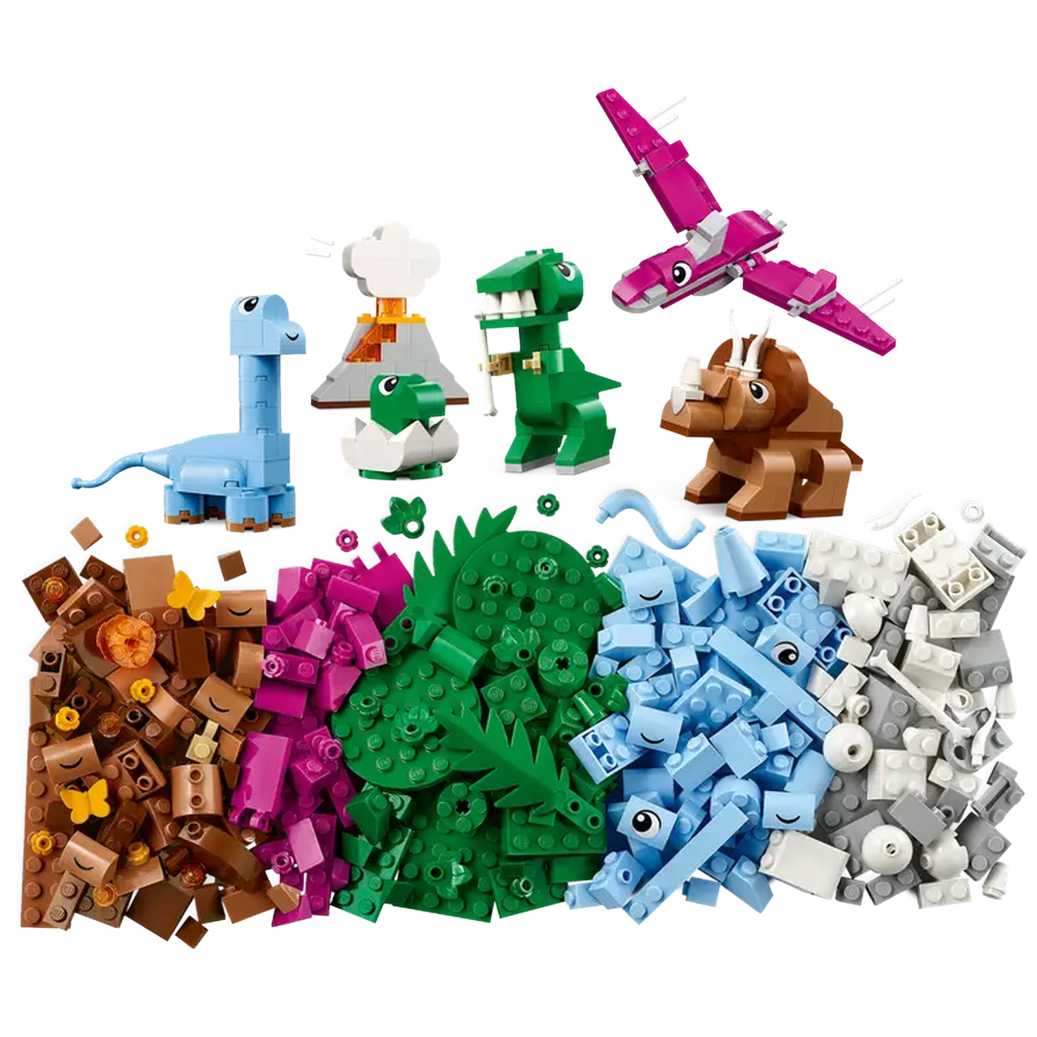 Colorful LEGO dinosaur set. Includes various dinosaurs, volcano, and building blocks of different colors, all on a white background.