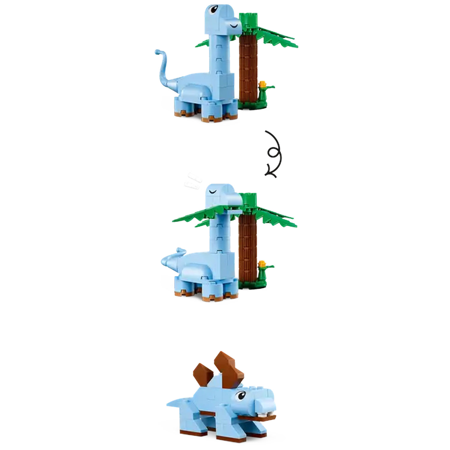 Three-panel image shows a blue dinosaur toy next to a tree, changing poses. The bottom image shows a different dinosaur.