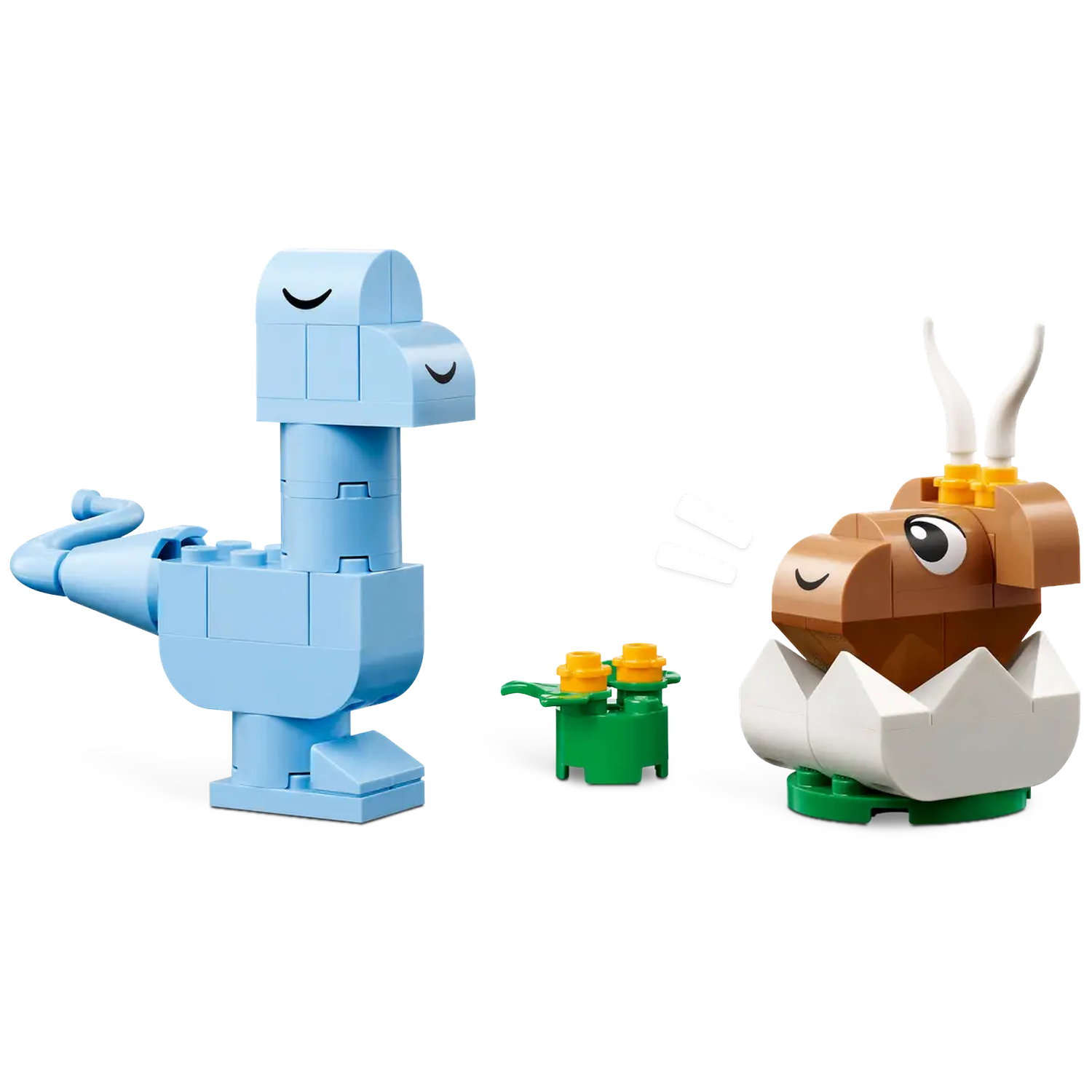 A blue Lego dinosaur and a brown Lego animal in an egg, with a green Lego plant and sound effects.
