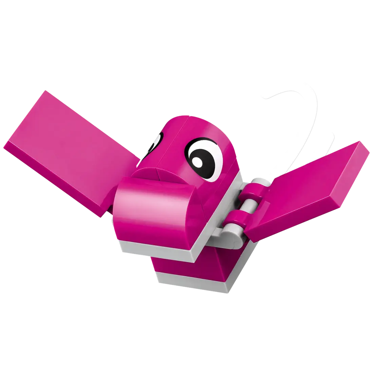 A pink Lego bird with black eyes and white highlights. Its wings are spread, and a curved line extends from its head.
