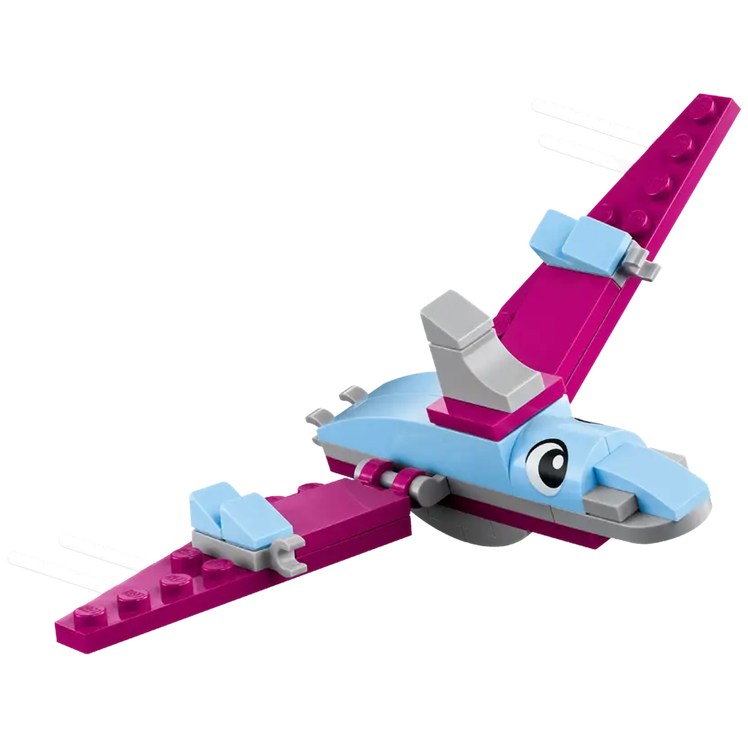 A toy airplane constructed from Lego bricks. It has pink wings, a blue body, and gray accents against a white background.