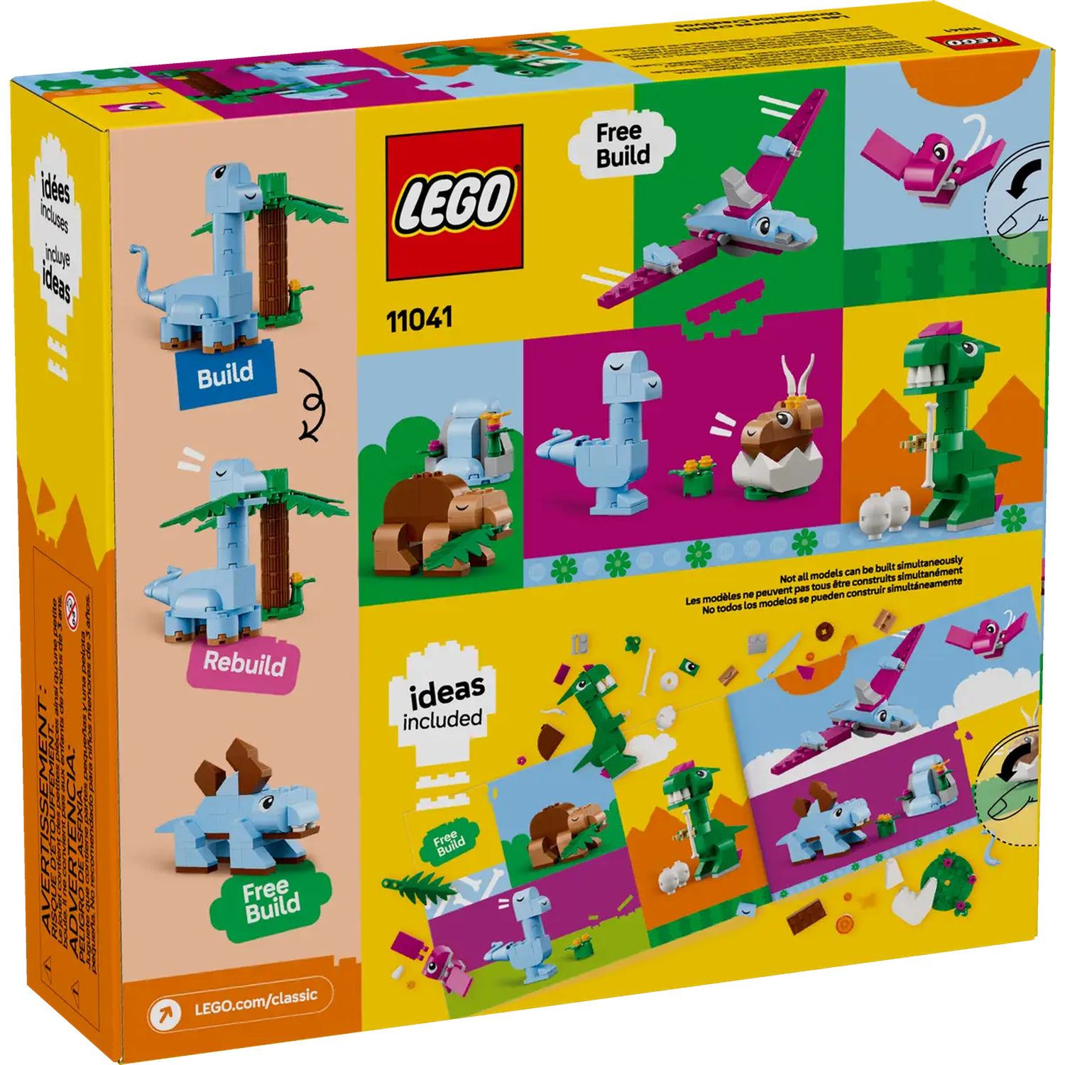 A Lego box shows various dinosaur builds. It has the Lego logo, the number 11041, and the words 'ideas included' and 'free build'.