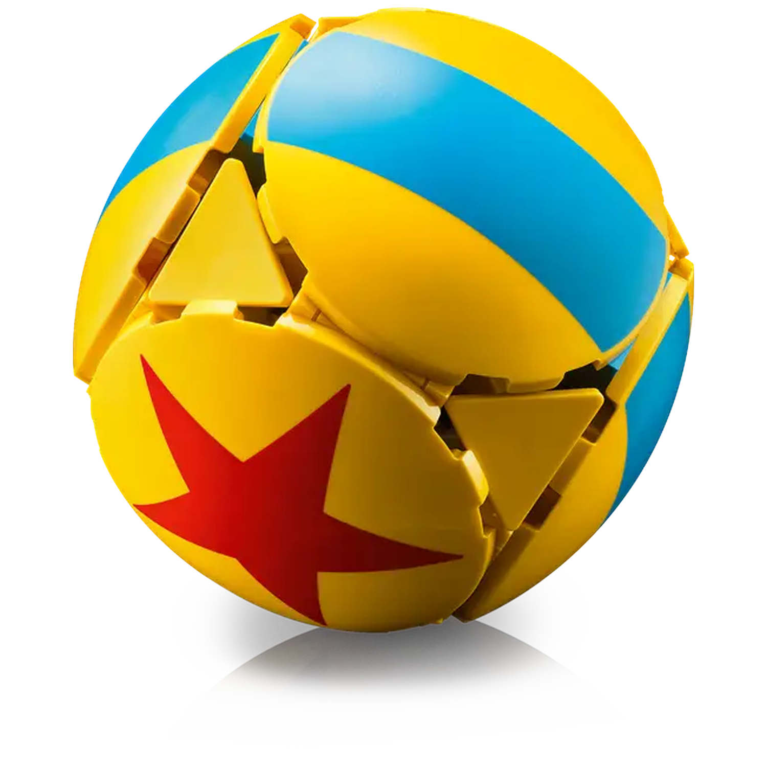 A yellow and blue ball with a red star on it. It is a Pixar ball, with a segmented design and a white reflection.