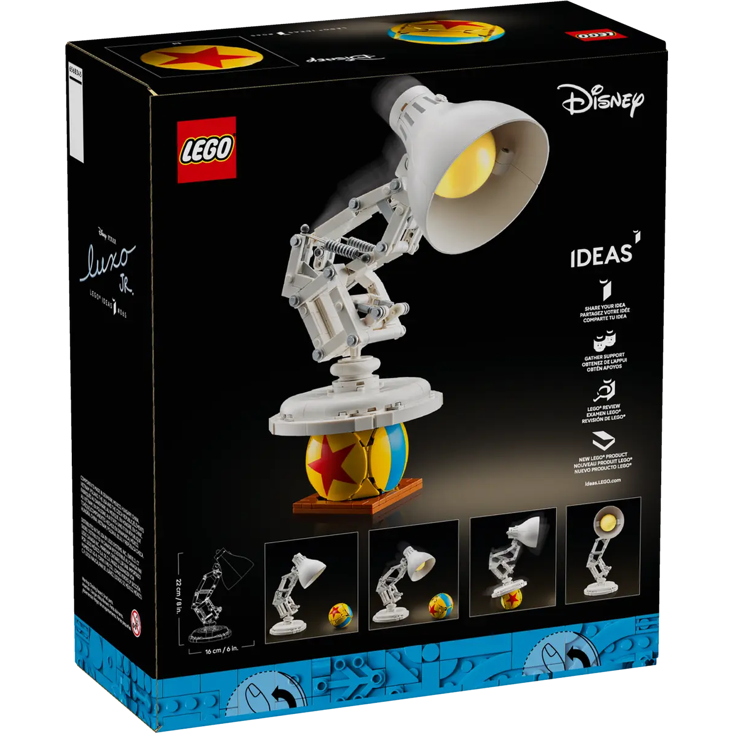 Box of a LEGO Ideas set featuring Luxo Jr. lamp, Pixar ball, and Disney logo. The box is black with white details.