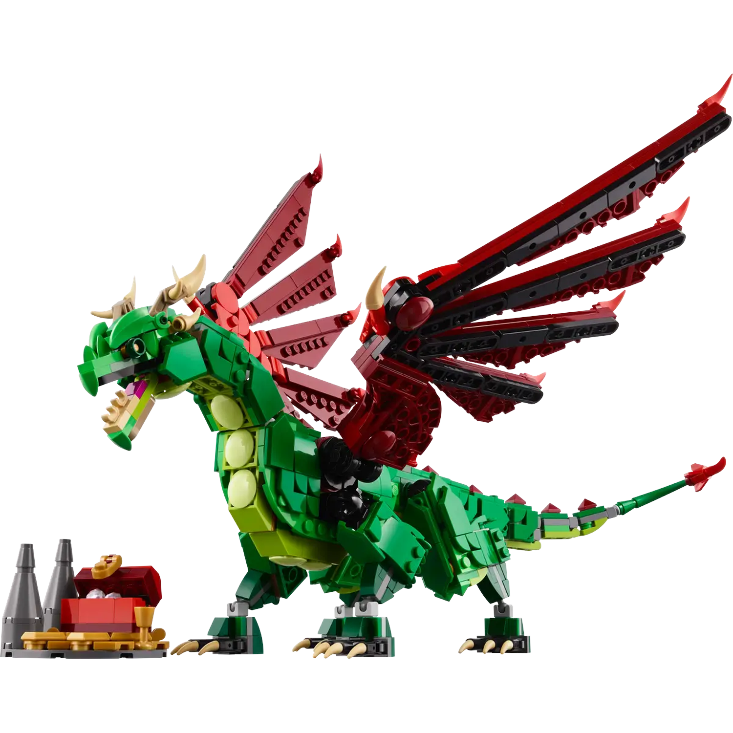 A Lego dragon, green body, red wings, and yellow claws. Next to it, there's a treasure chest and two castle towers.