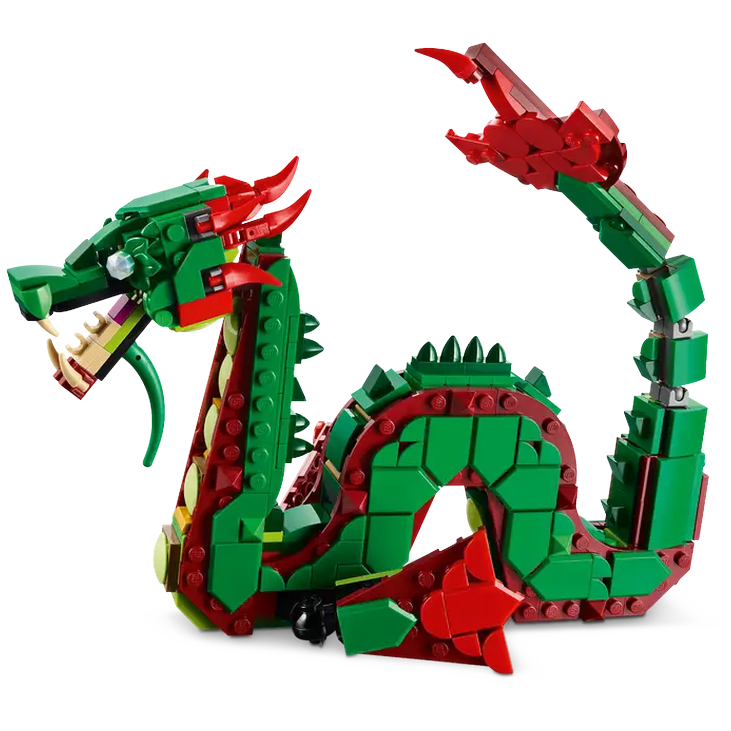 A Lego dragon, green body with red accents, posed on a white surface. It has a long neck, and curved tail. The mouth is open.