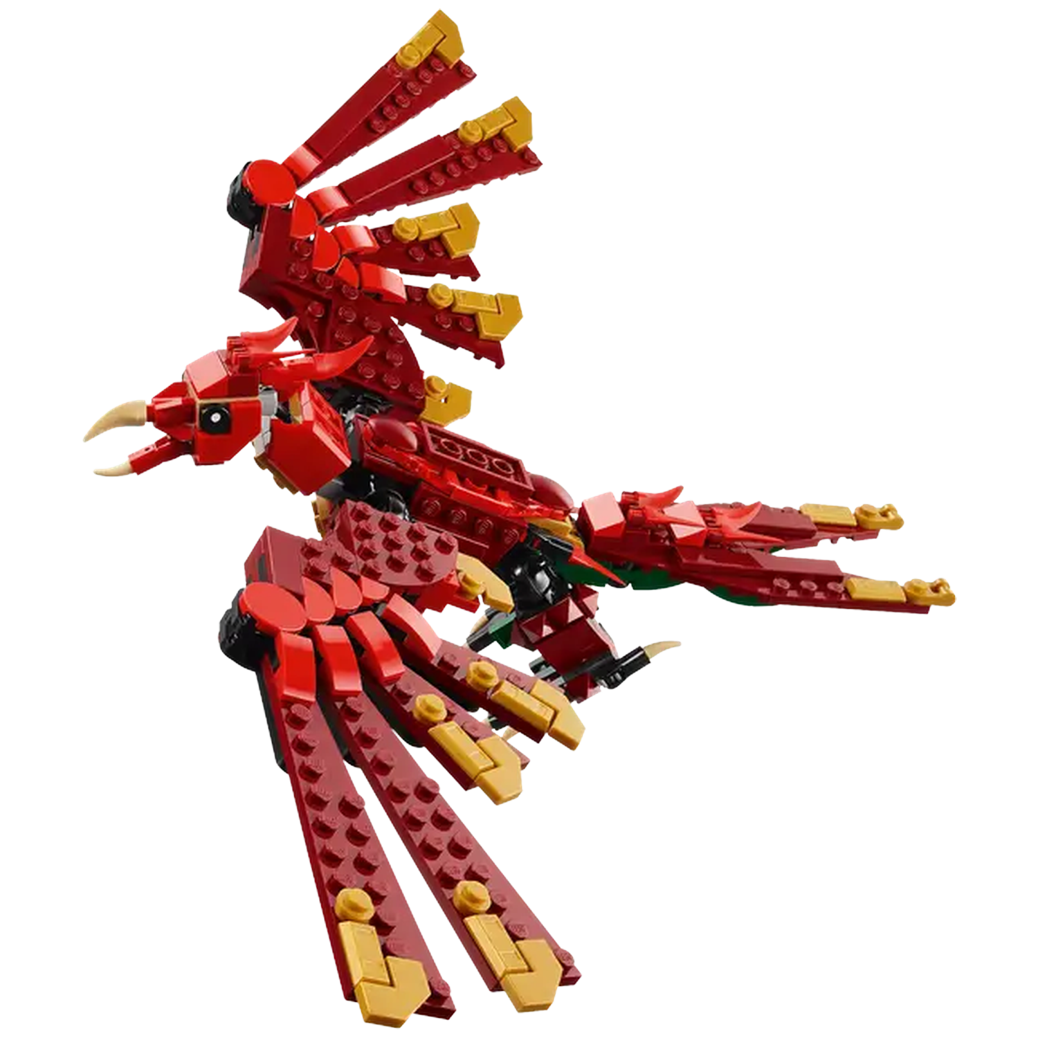 A Lego bird with red and gold wings, and a red body. It has a white beak. The background is white.