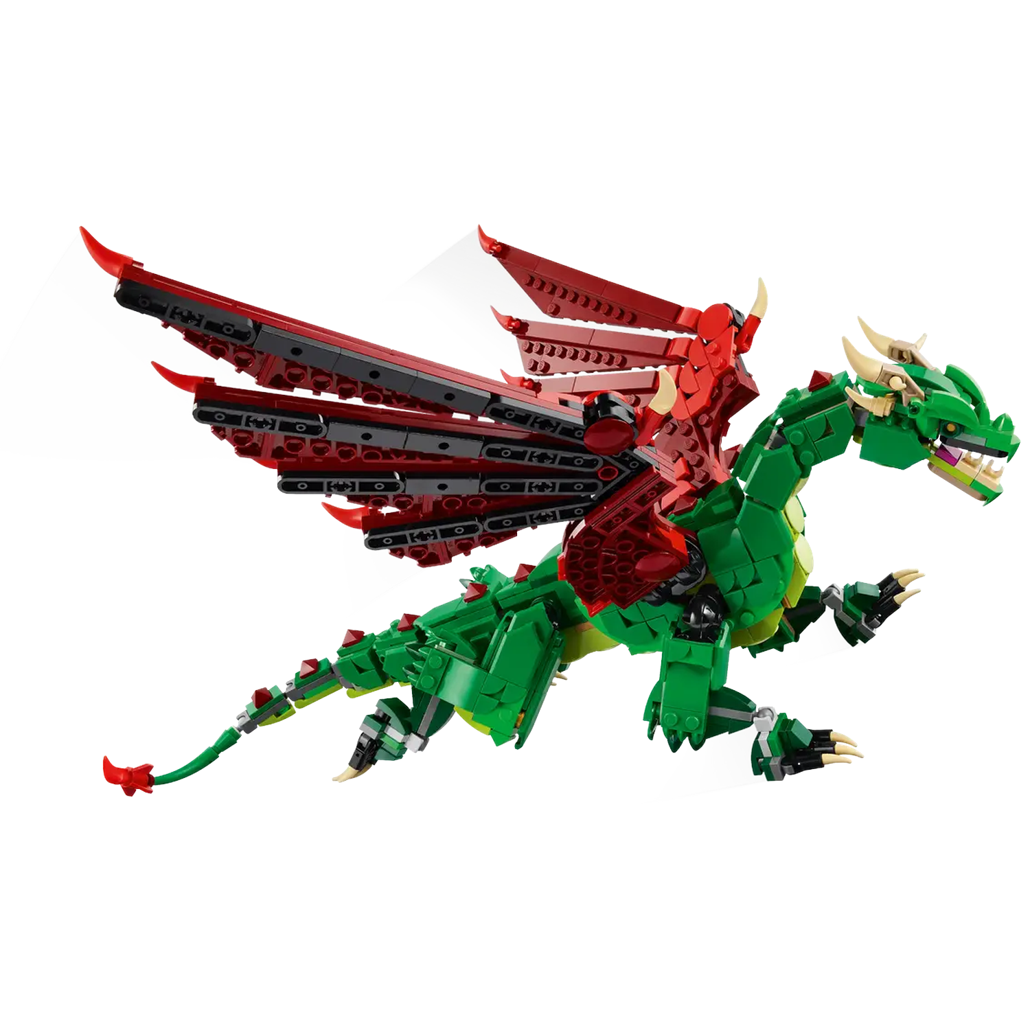 A Lego dragon, green body, red wings, and yellow horns, in flight against a white background.