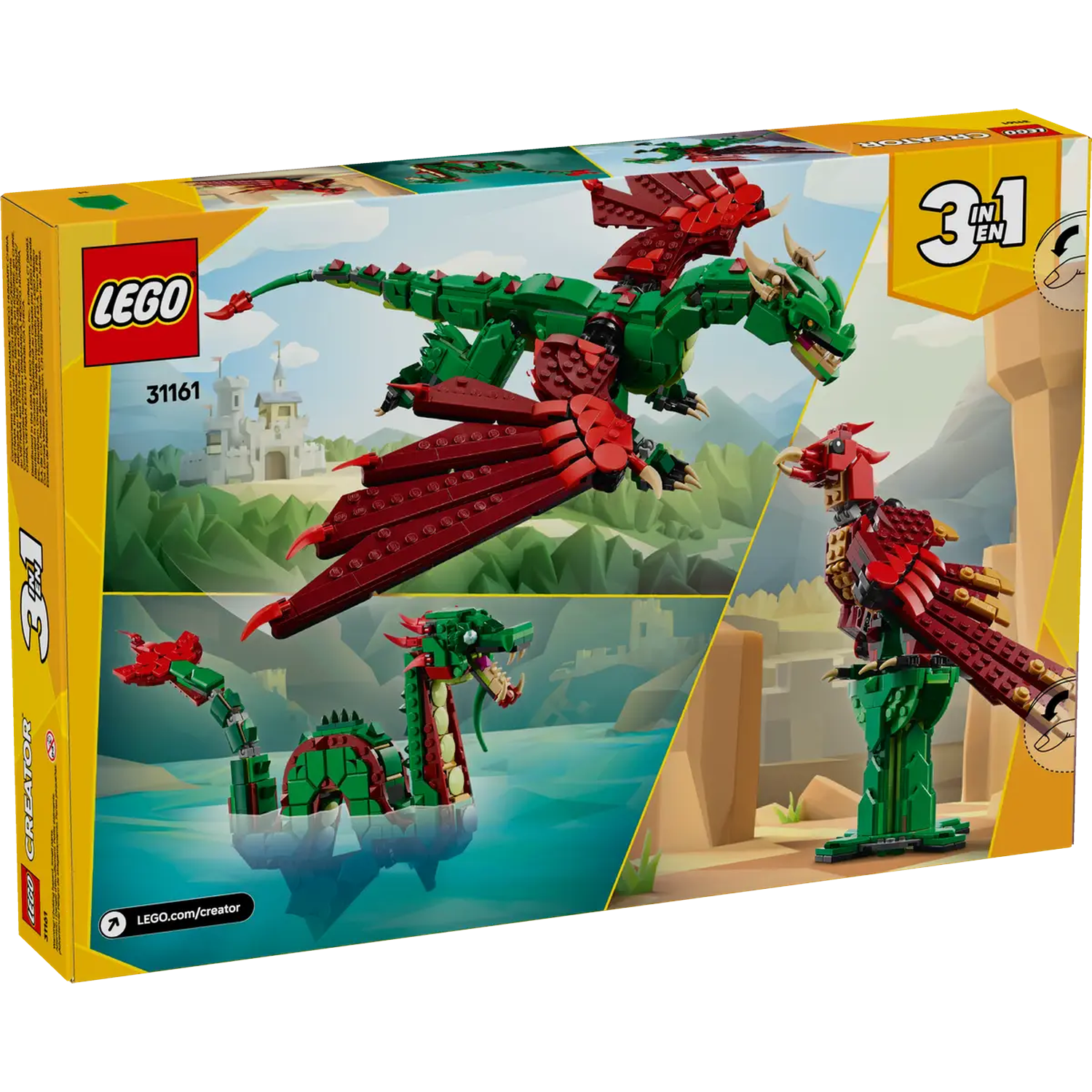Lego Creator box, featuring three dragon builds: a green and red dragon, a red bird, and a green sea serpent.