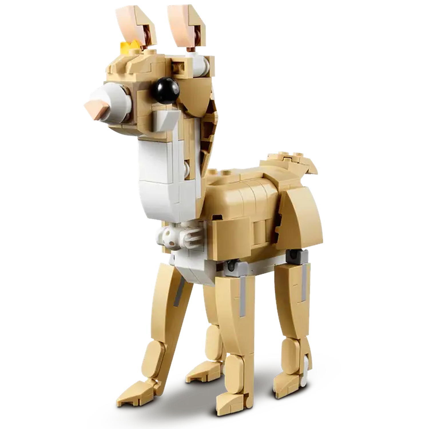 A Lego llama model stands on a white surface. It is beige and white, with black eyes. The model has erect ears and a small tail.