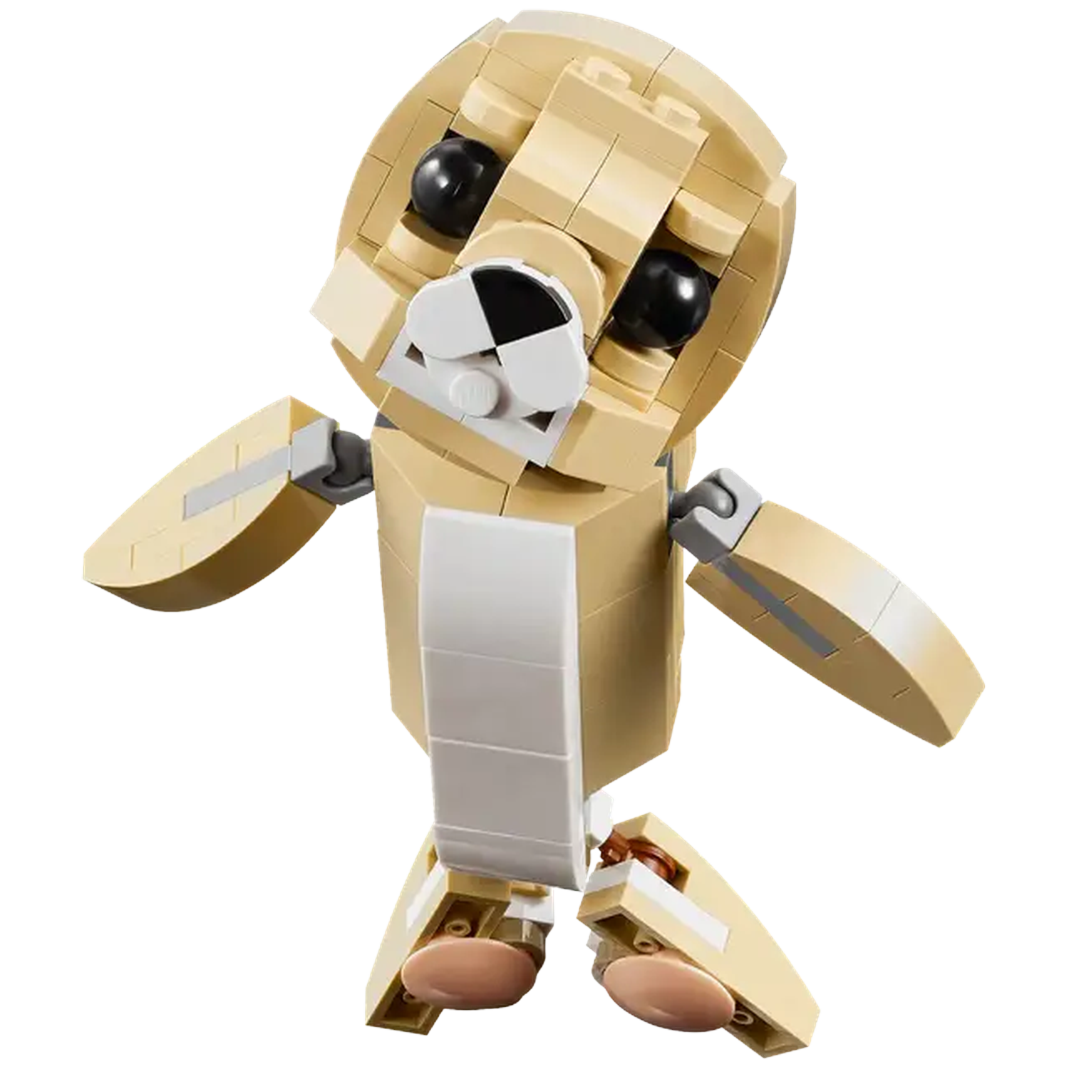 A Lego dog made of tan and white bricks with black eyes, a white and black nose, and outstretched arms and legs.