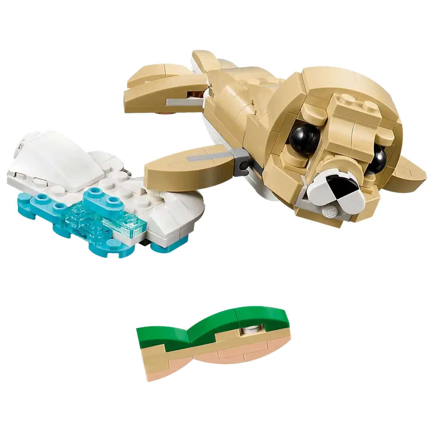 A Lego seal made of tan blocks, with black eyes and a white and black mouth. There is a fish and a small ice floe.