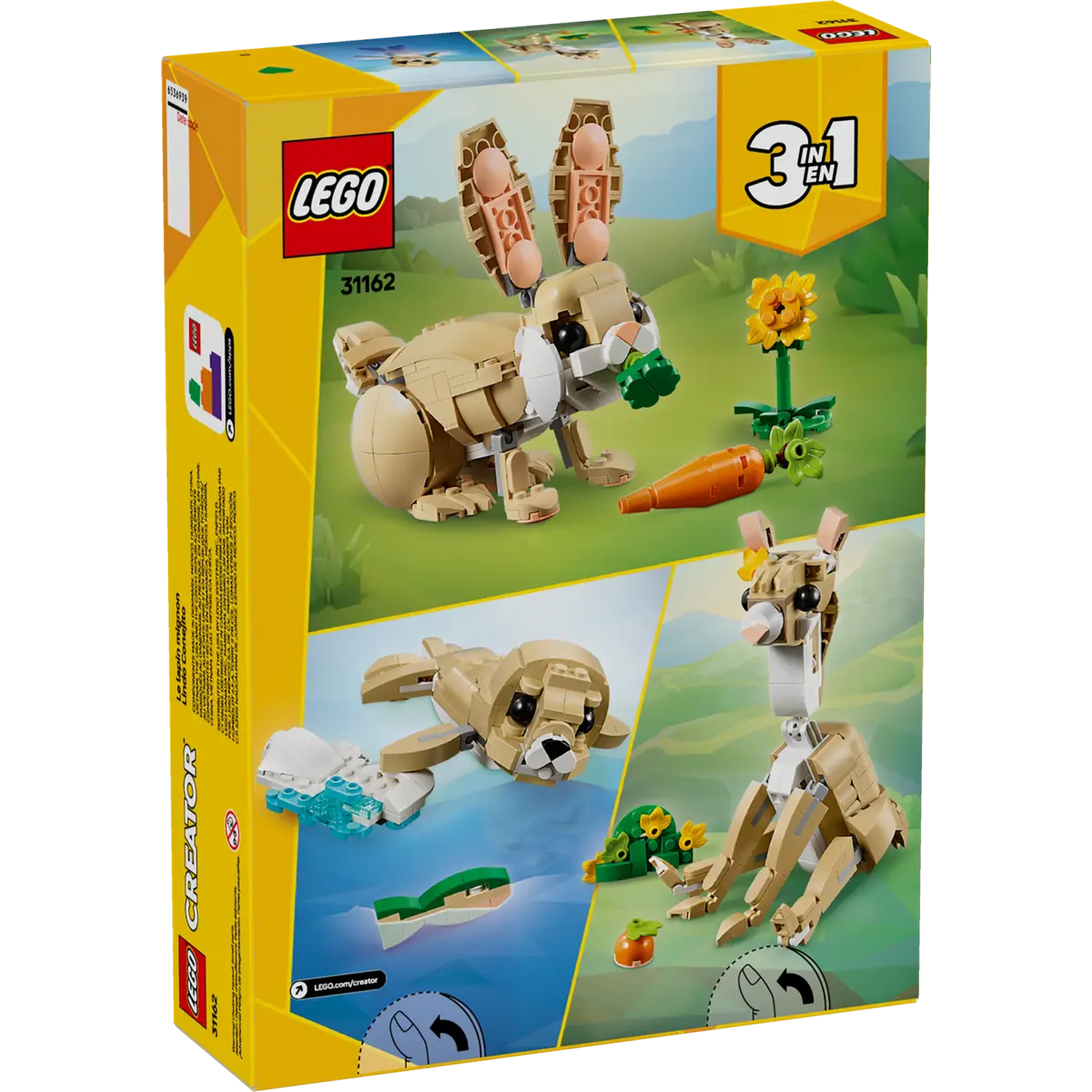 A Lego box shows three animal models: a rabbit eating a carrot, a seal, and a kangaroo. The box is yellow and has the Lego logo.