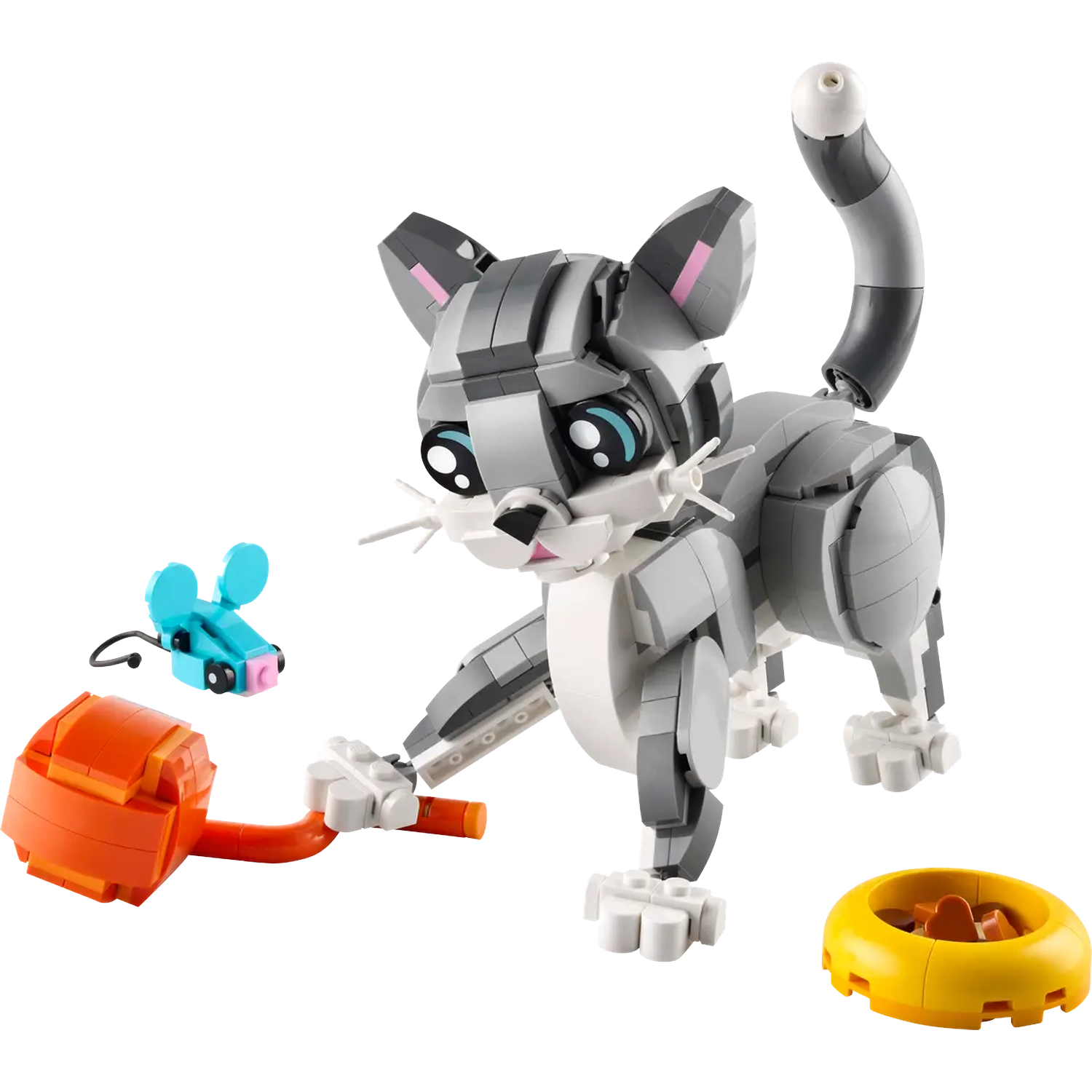 Een Lego-kat met een speelgoedmuis en een voerbak. De kat is grijs en wit, aan het spelen. De muis is blauw. De voerbak is geel.