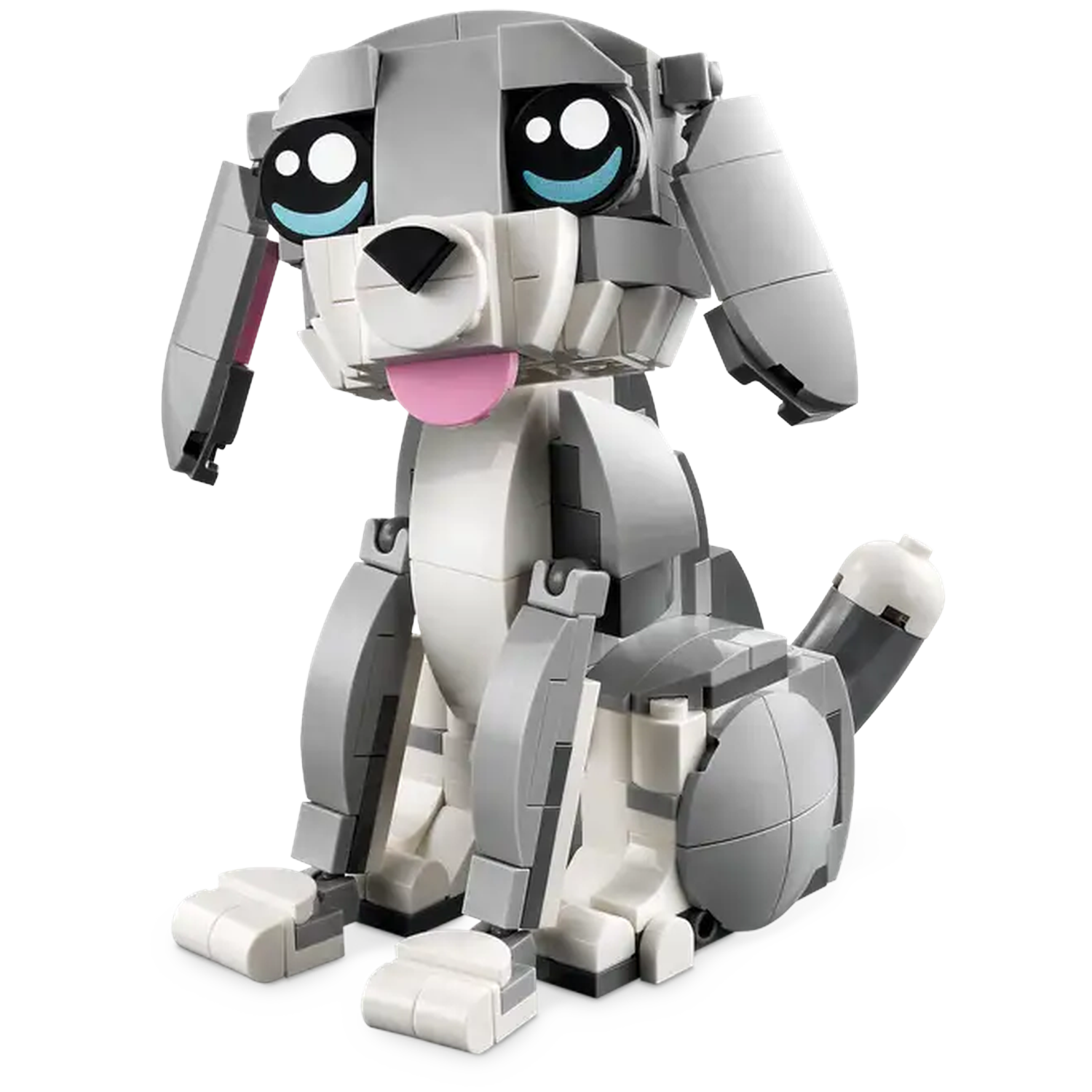 Een Lego-hond gemaakt van grijze en witte blokken. Hij heeft grote, expressieve ogen, een roze tong en zit.