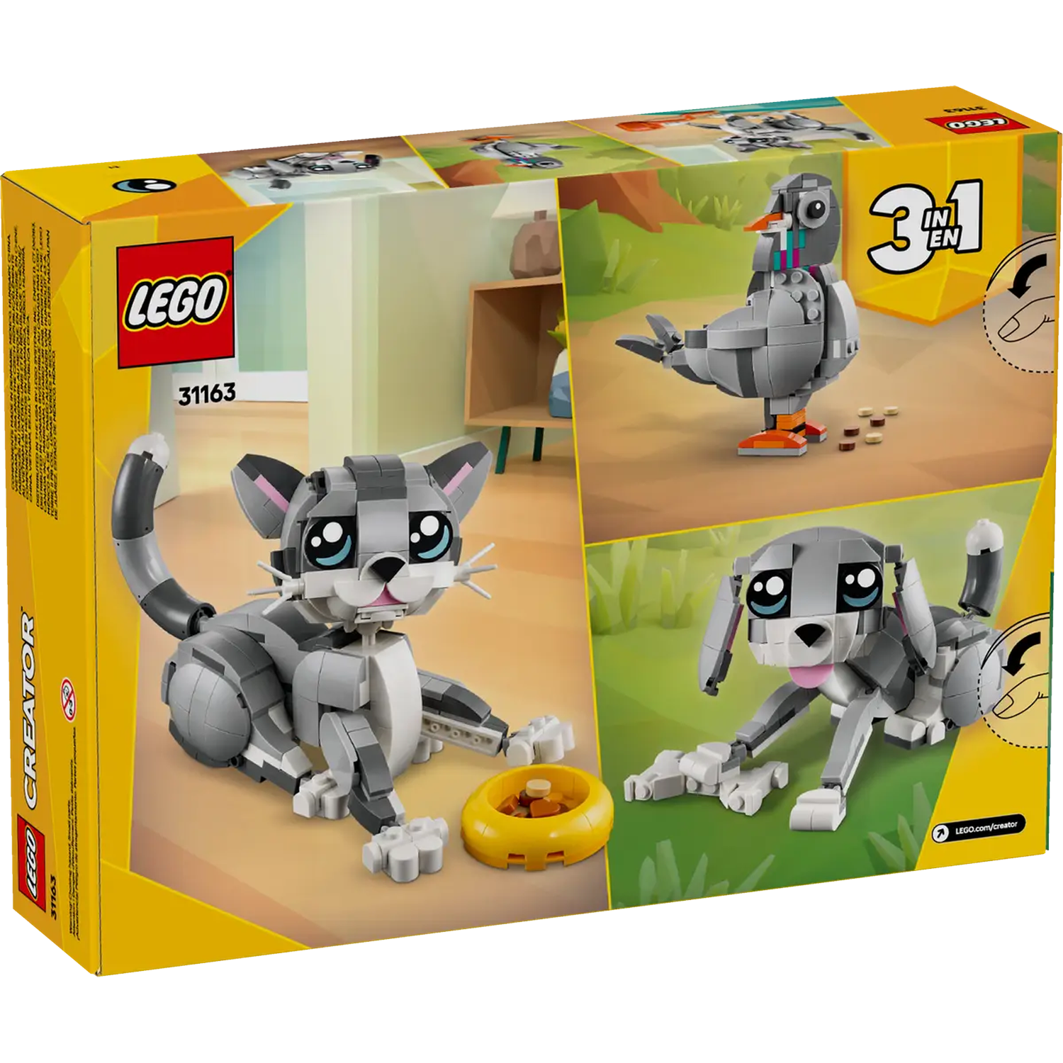 LEGO Creator 3-in-1 setdoos. Toont kat, duif en hond modellen gemaakt van LEGO-stenen, met gele doos en logo.