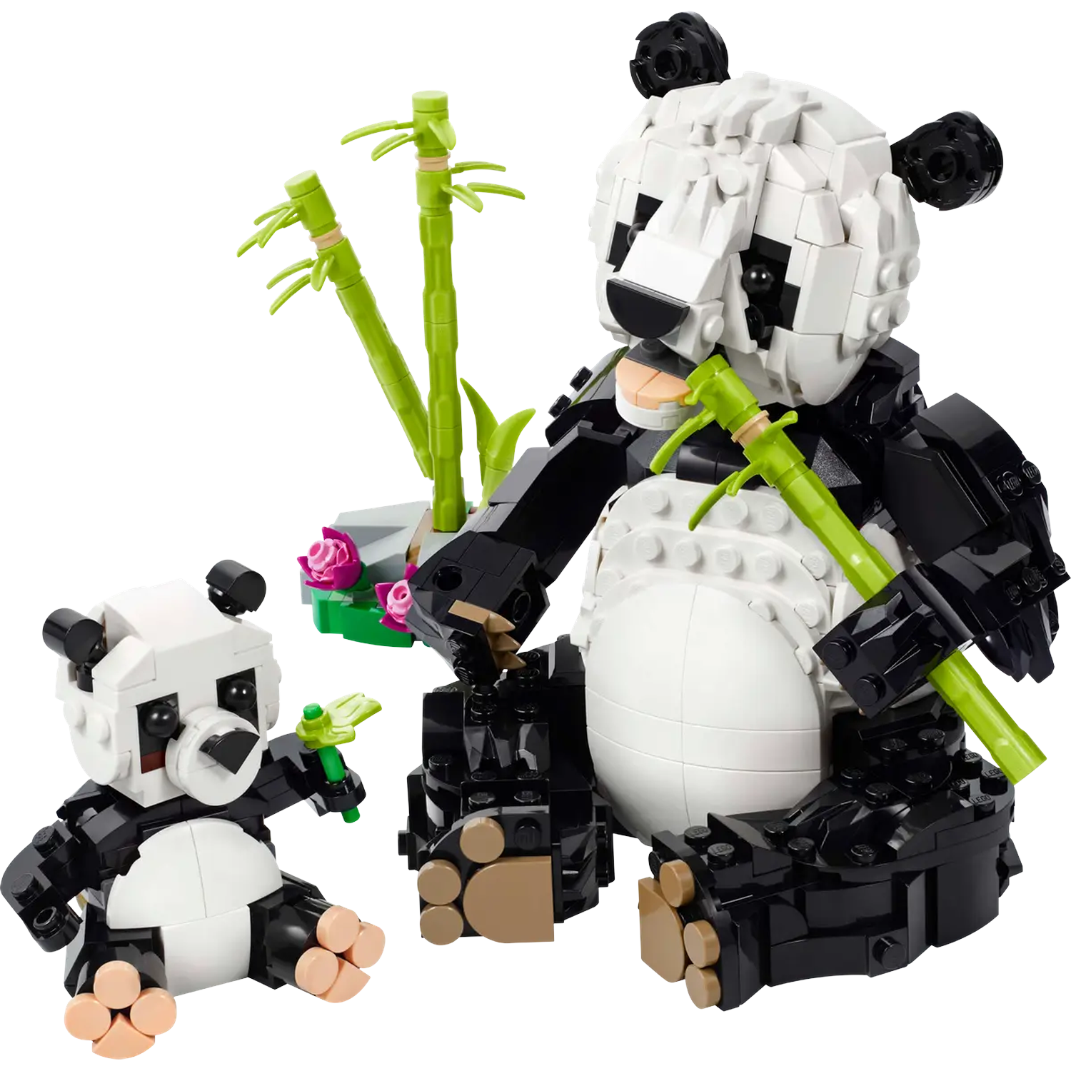 Two Lego pandas, one large and one small, sit near bamboo plants. The larger panda holds bamboo in its mouth.