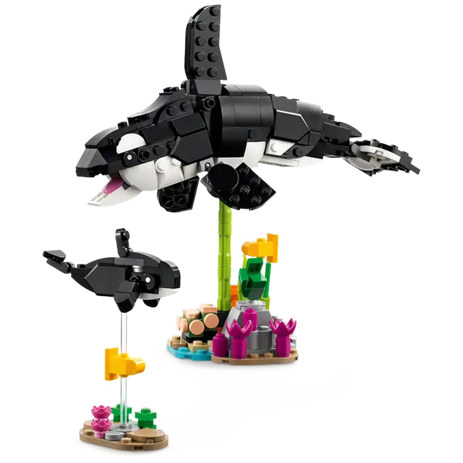 Lego set of two killer whales. One large whale with open mouth and one small. Both black and white, with coral and plants.