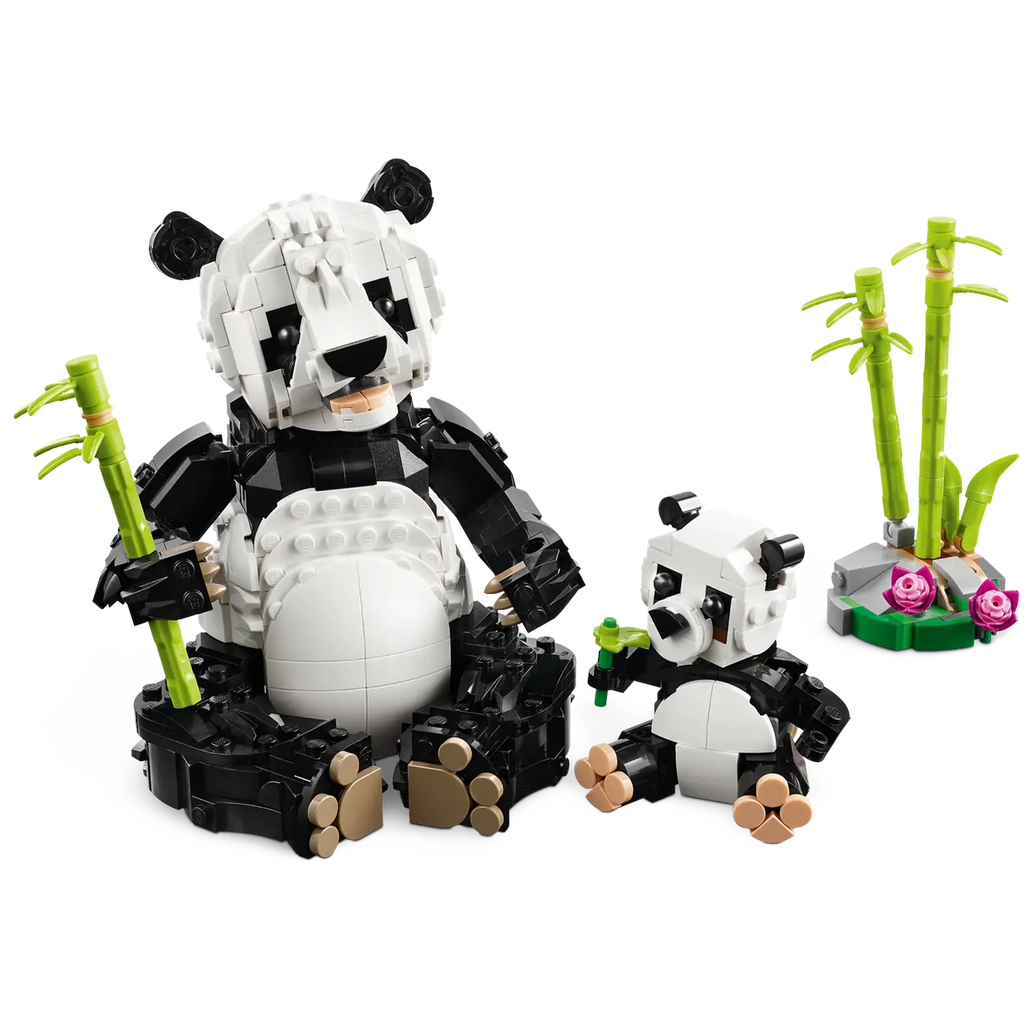 Two Lego pandas sit with bamboo. The larger panda holds bamboo, the smaller one does too. Bamboo and flowers are in the background.
