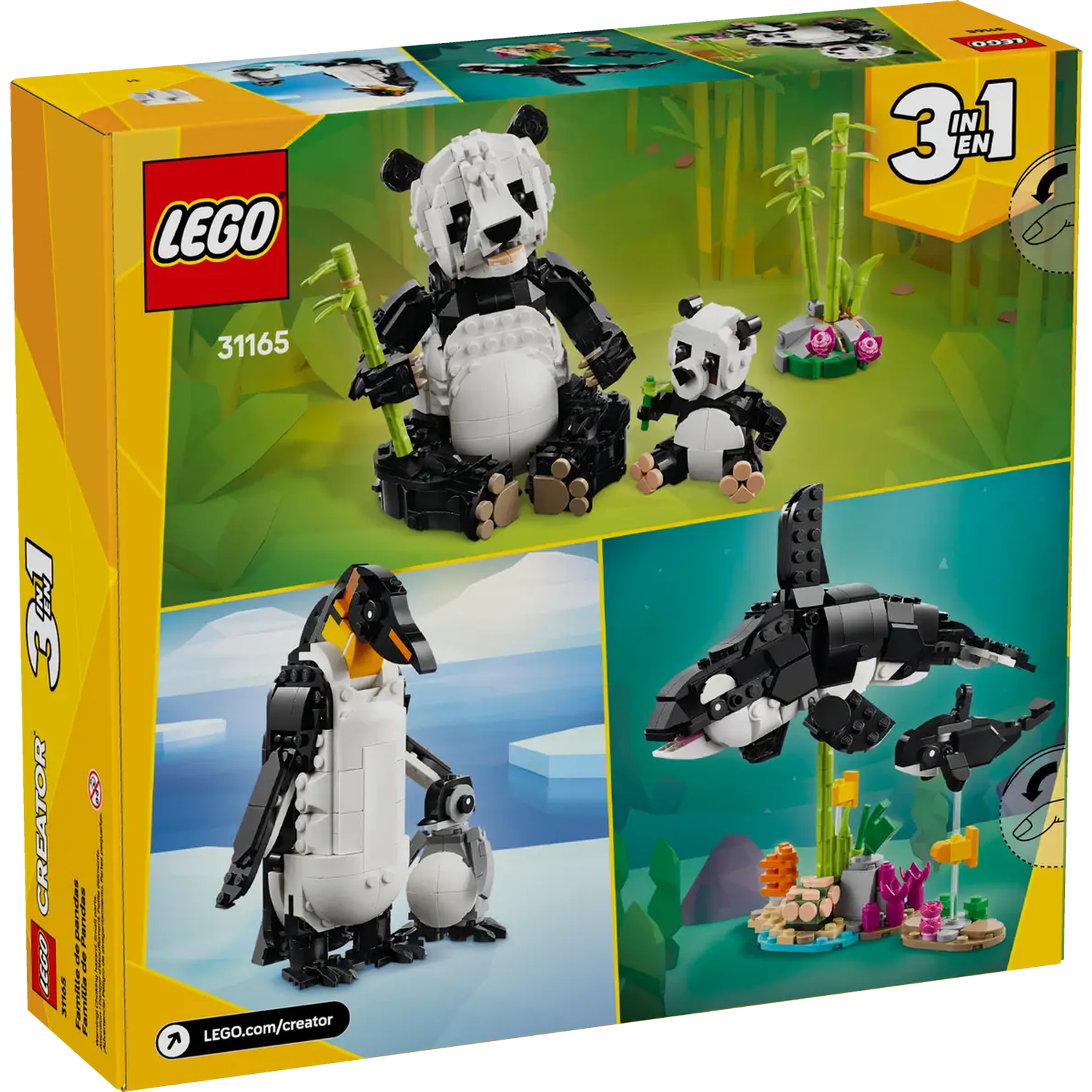 LEGO box set, featuring panda family, penguin family and orcas. The box has a yellow and green background.