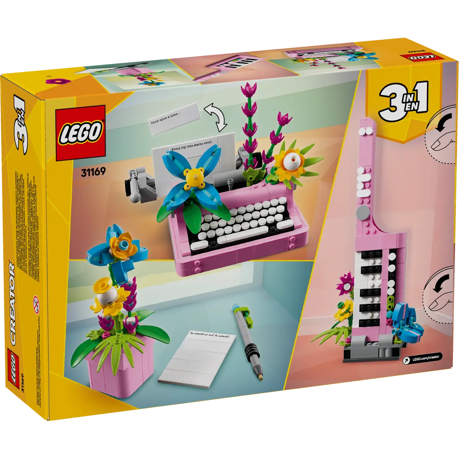 LEGO Creator 3-in-1 set box. Shows a pink typewriter, keyboard, and other floral builds. Text reads: 'Every big idea starts small.'