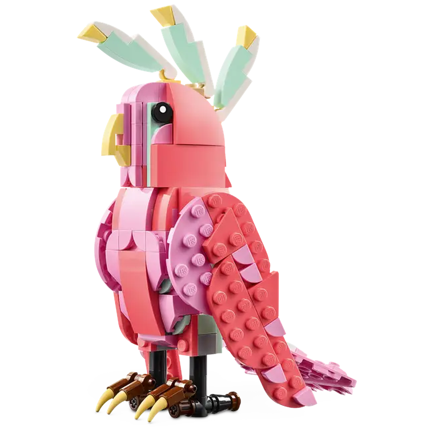 A Lego parrot, primarily pink, with yellow and green accents. It has a detailed beak, crest, and clawed feet, set against a white backdrop.