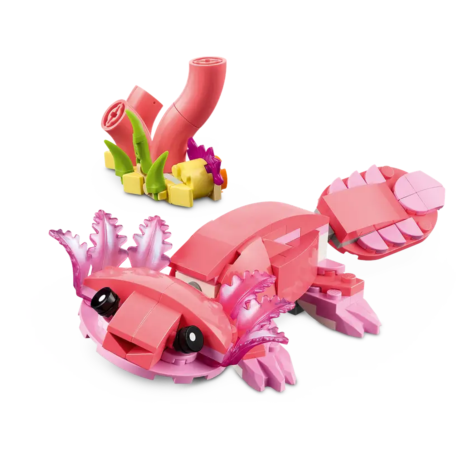A pink Lego axolotl with black eyes and a coral reef made of Lego bricks. The axolotl is the main focus.