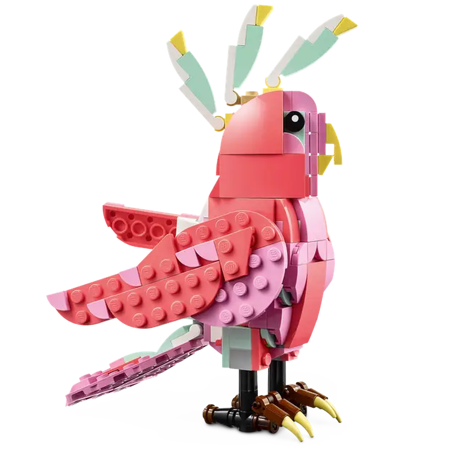 A Lego bird, pink and red, with yellow accents. It has a wing extended. The bird stands on black legs with yellow claws. 