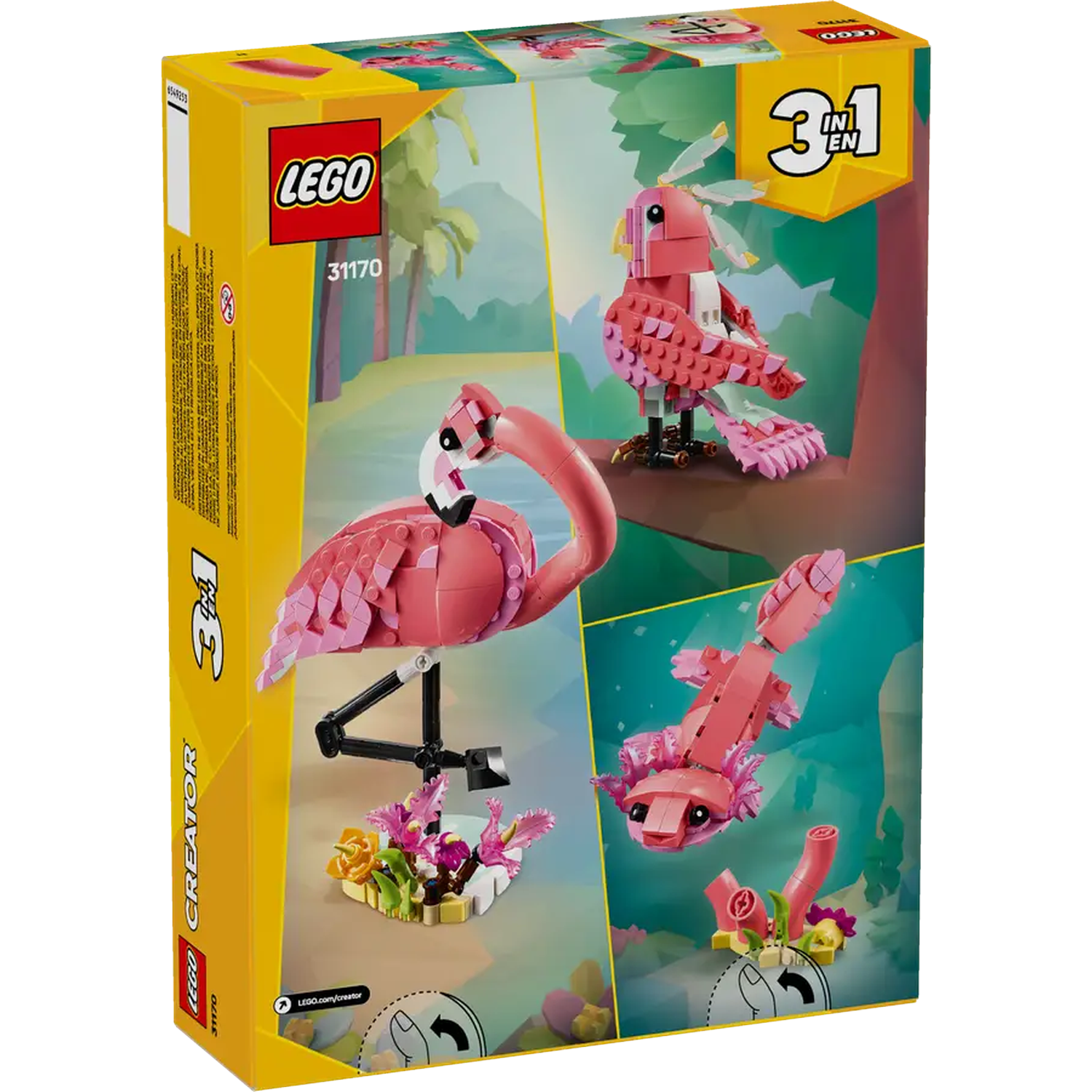 LEGO Creator box set with pink flamingo, bird, and axolotl models. The box is yellow with a white background and trees.