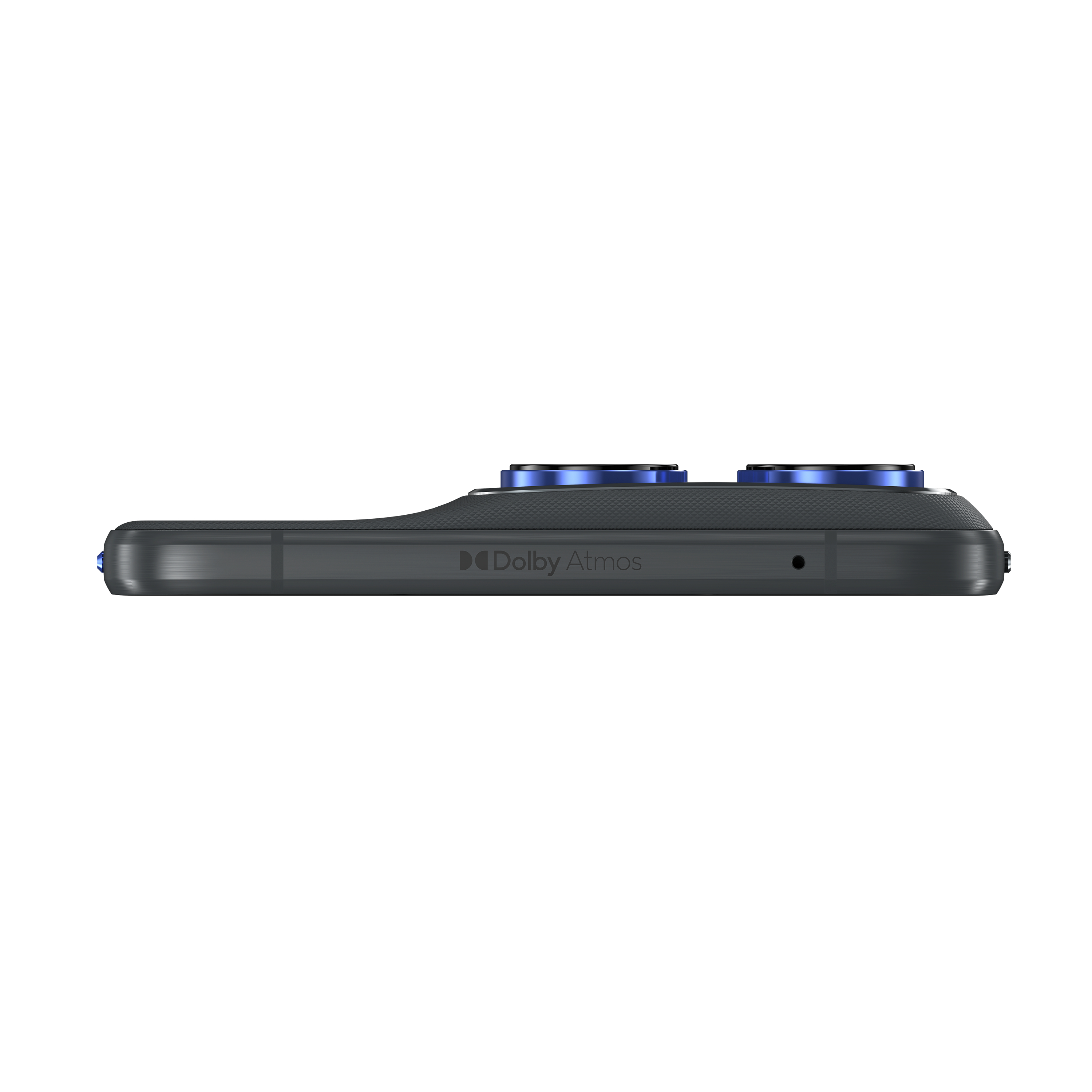 Seitenansicht eines schwarzen Smartphones. Es hat zwei blaue Kameralinsen, Dolby Atmos Logo und einen Kopfhöreranschluss.