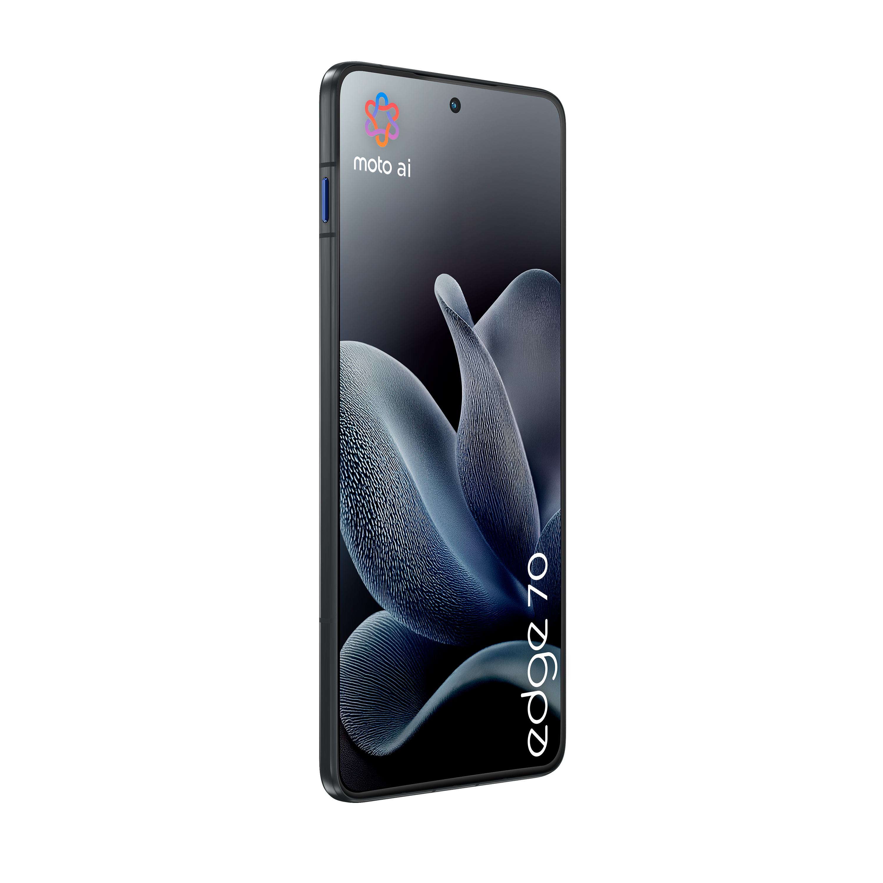 Ein Smartphone mit schwarzem Bildschirm, der ein dunkelblaues, blumenartiges Design zeigt. Das Telefon hat einen schwarzen Rahmen.